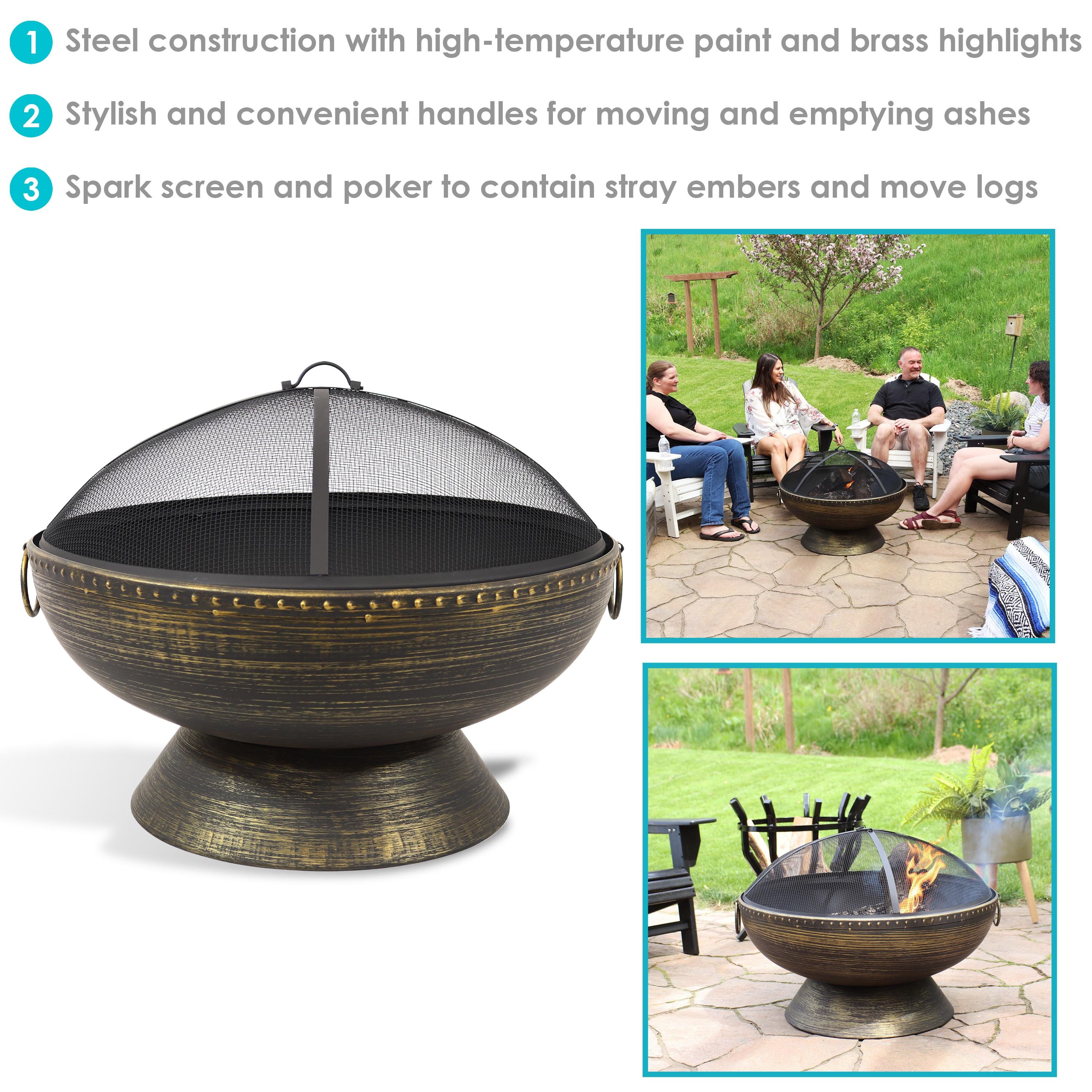 SunnyDaze Decor 30" Wood-Burning Black Finish Steel Fire Pit Bowl with Screen, Grate, and Poker