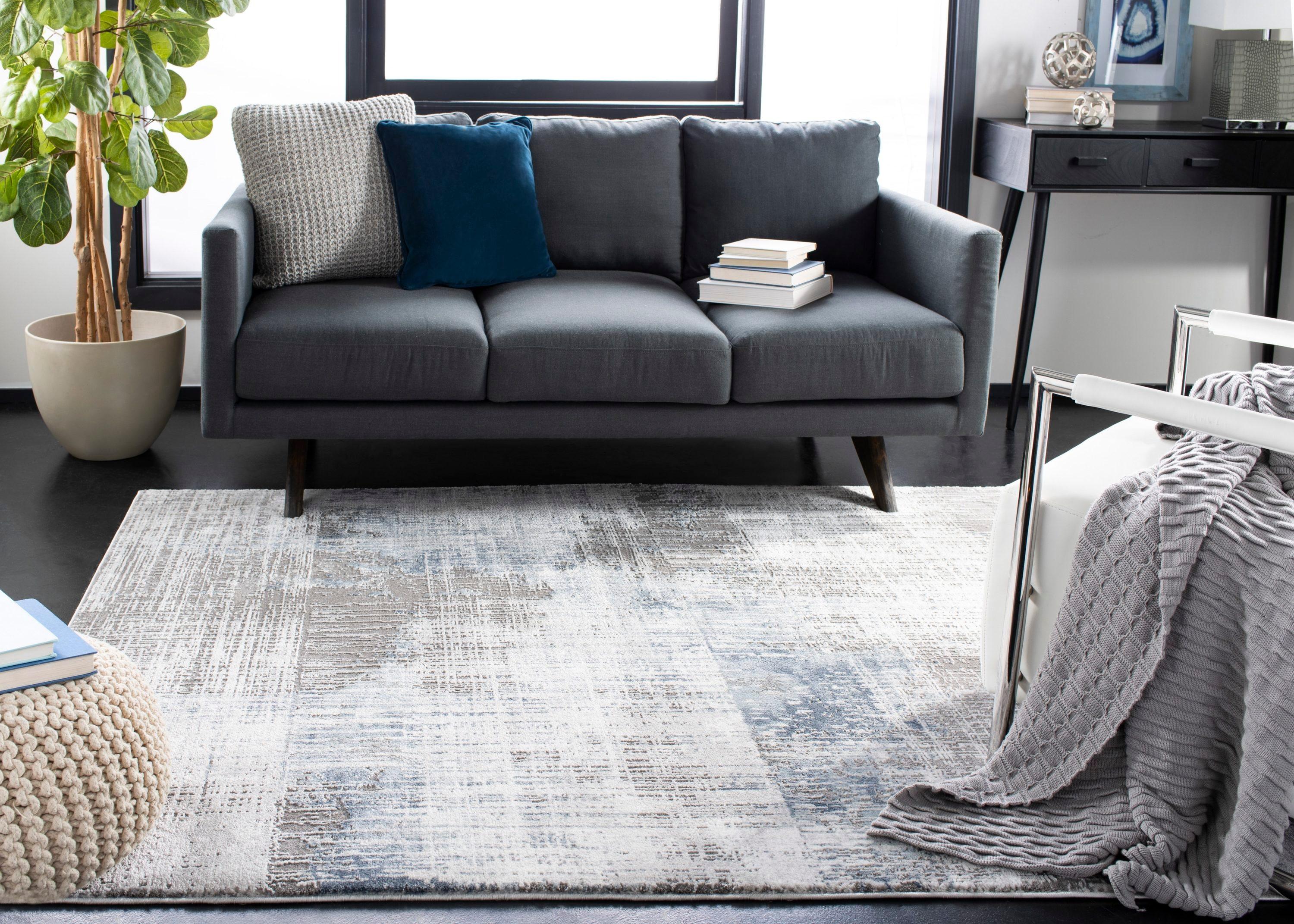 Modern Abstract Grey/Blue Synthetic Area Rug 6'7" x 9'