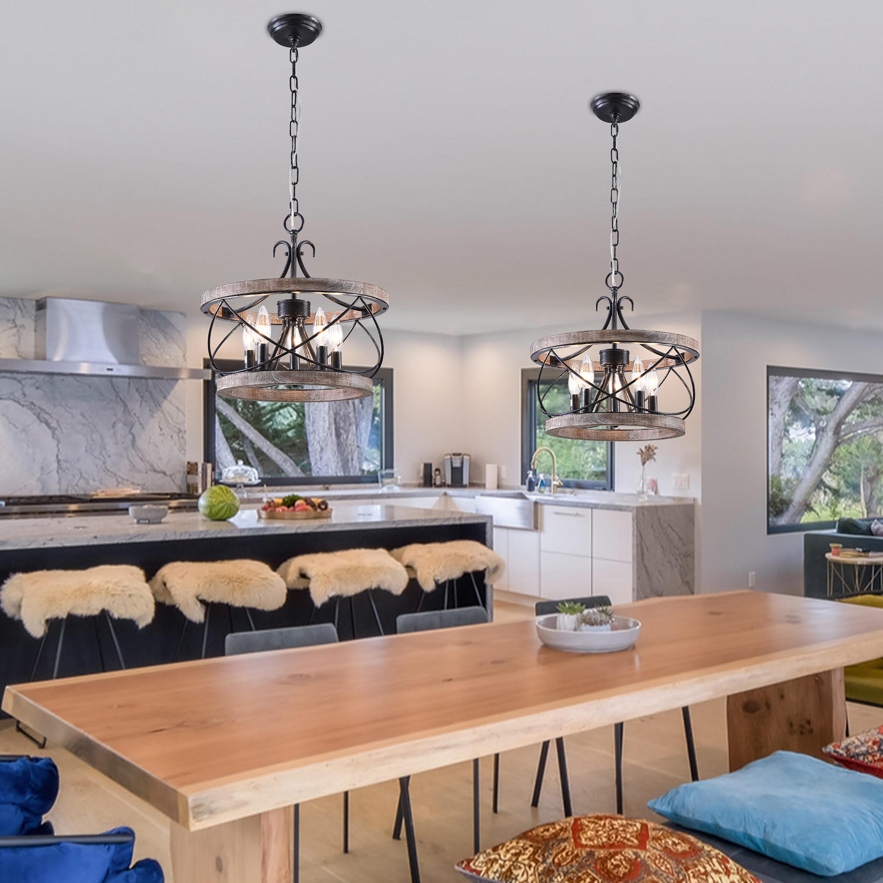 Cusp Barn  5-Light Farmhouse Wood Chandelier Adjustable Handmade Rustic Drum Ceiling Light Fixture Hanging Lamp for Foyer Kitchen 15.7-inch -