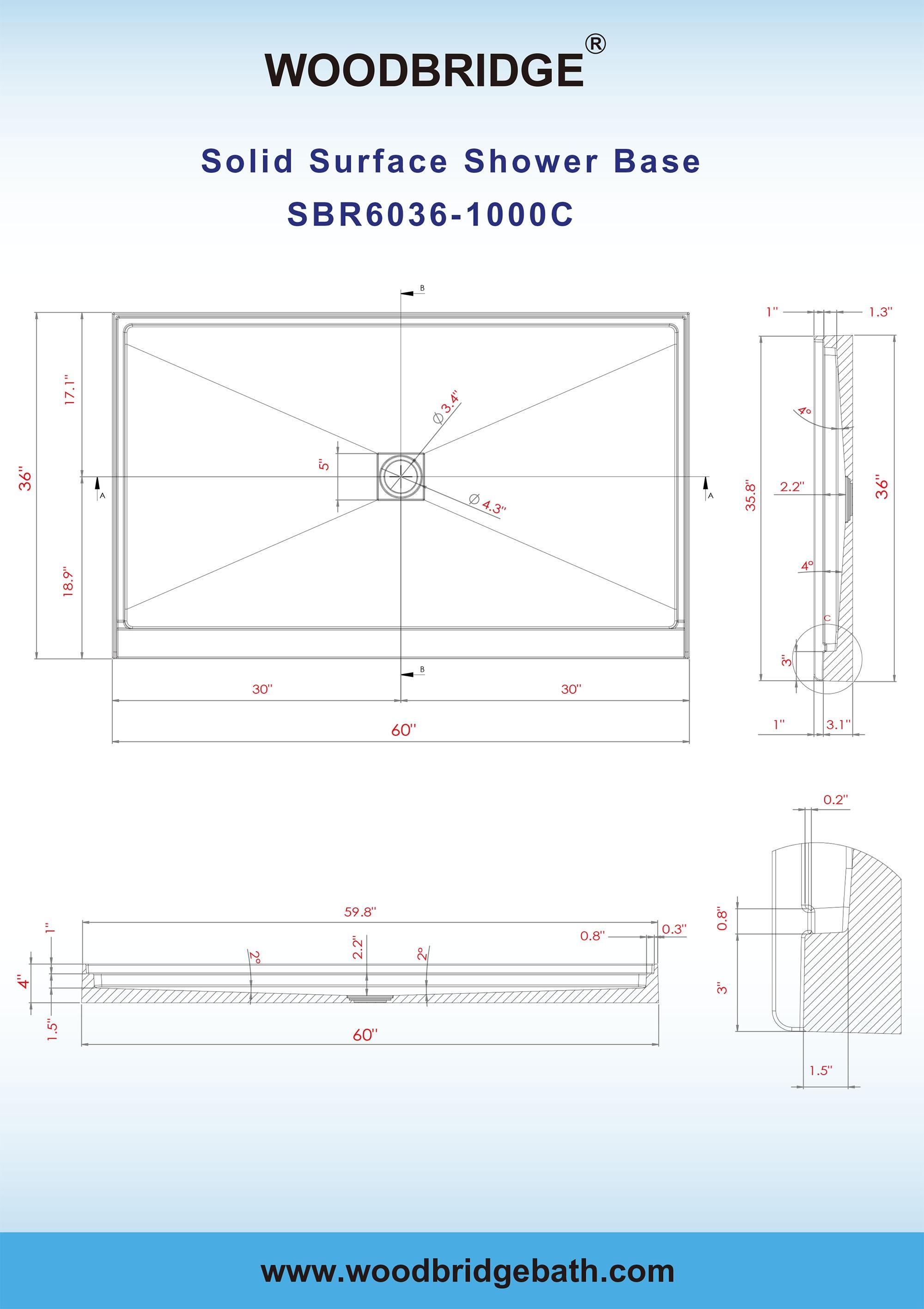 60" x 36" Solid Surface Single Threshold Shower Pan Base with Drain Assembly & Drain Cover Included, Non-Slip