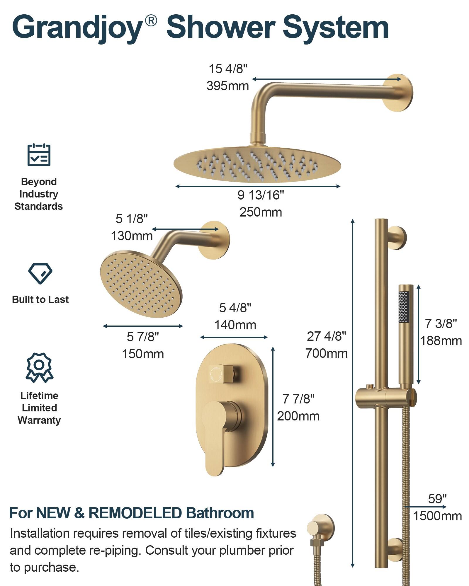 GRANDJOY Complete Shower System, 10" and 6" Dual Wall Mount Rain Shower Faucets with Handheld Shower Spray, High Pressure in Brushed Gold