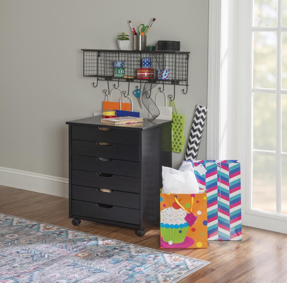 Cary Transitional 6 Drawer Solid Wood Contoured Handle Cut Out Wide Roll Cart Black - Linon: Pine Frame, Farmhouse Style, Portable Storage