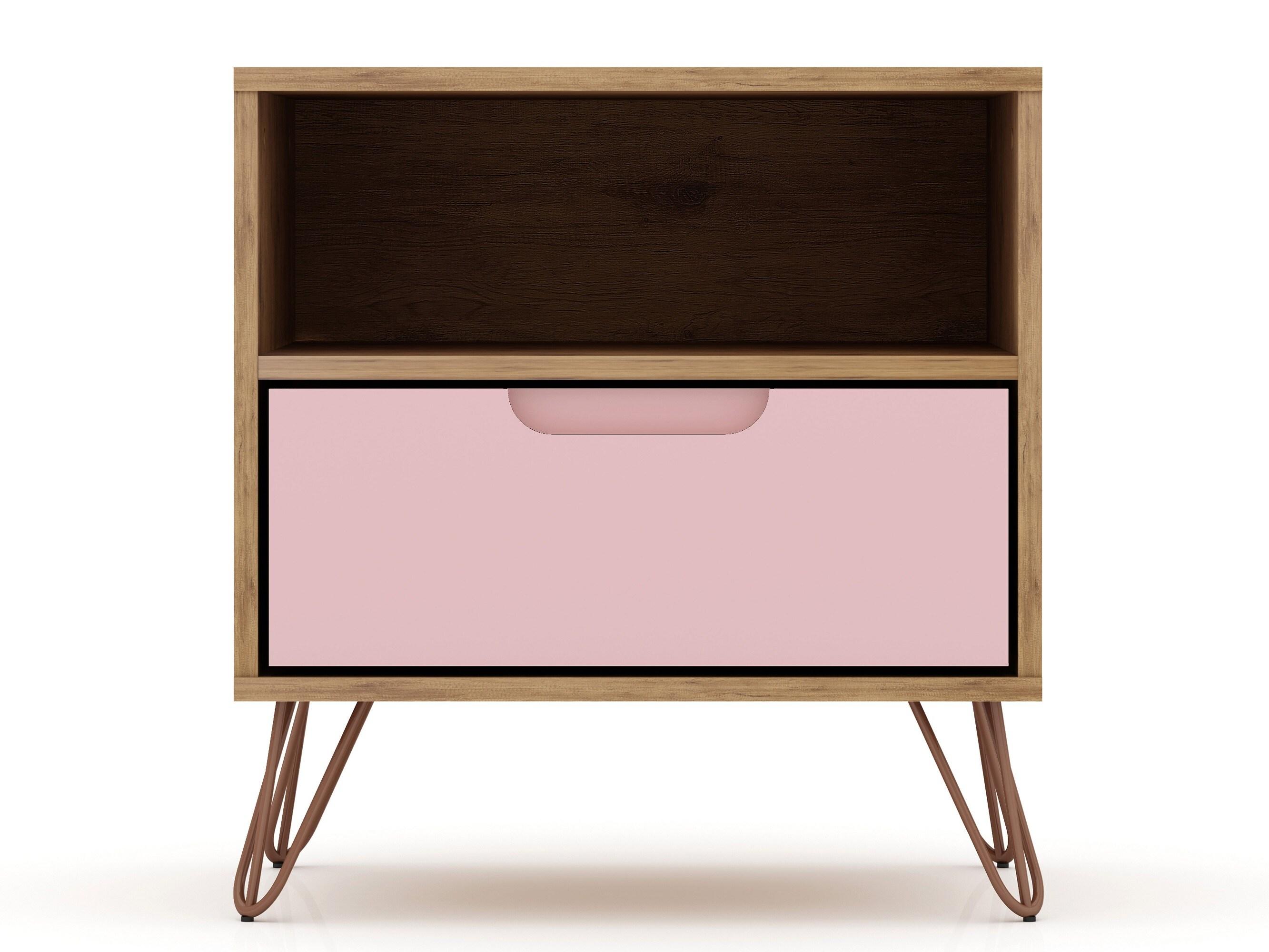 Set of 2 Rockefeller 1 Drawer Nightstands Nature/Rose Pink - Manhattan Comfort: Mid-century Design, Metal Legs, MDF