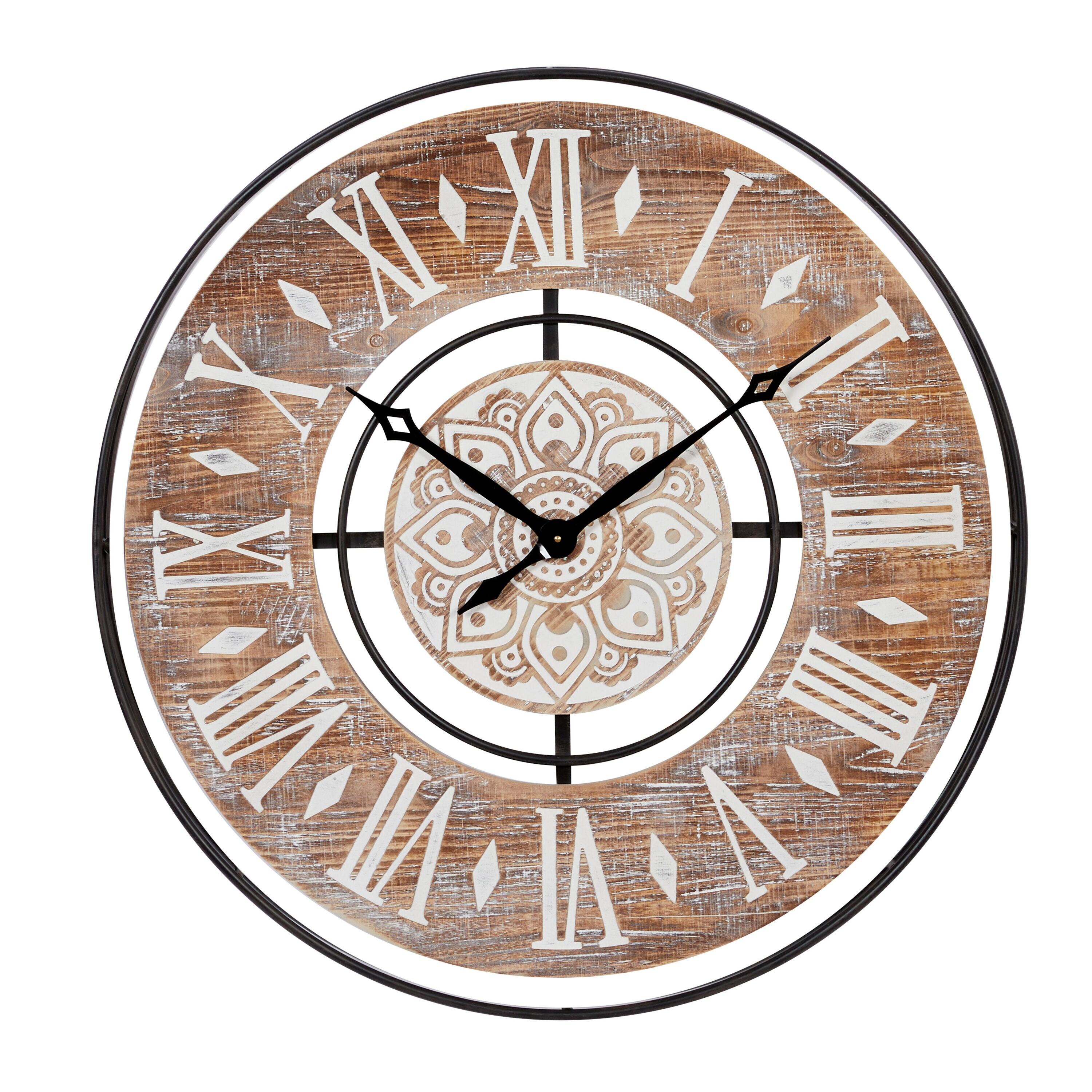 DecMode 34" Brown Metal Floral Wall Clock with Wood Accents