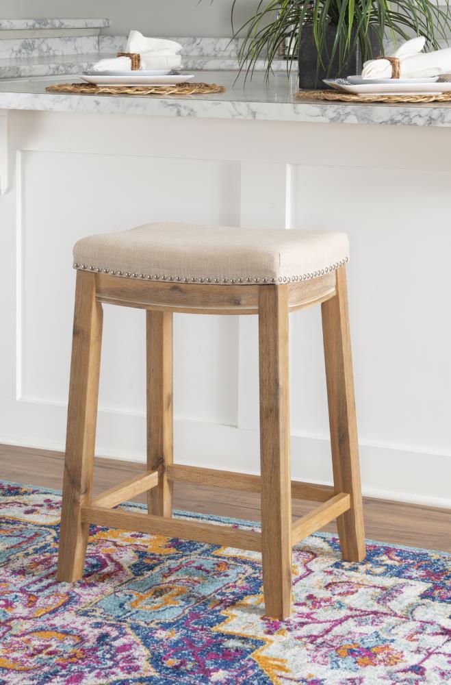 Claridge Backless Nailhead Saddle Acacia Counter Height Barstool Natural - Linon: Chic Beige Linen Seat, Rubberwood