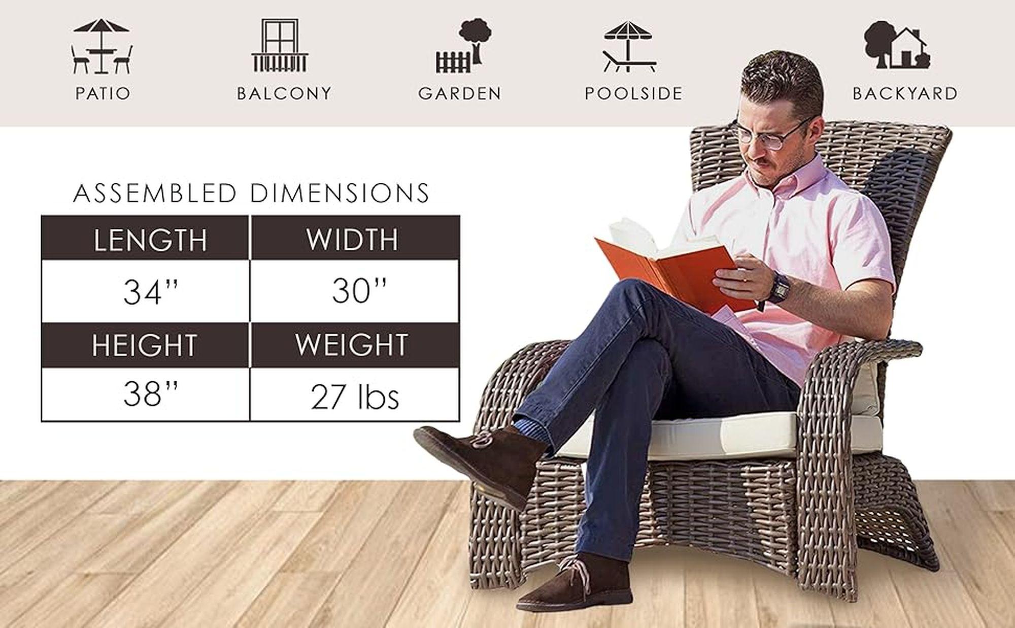 PatioSense Patio Sense Coconino Wicker Lounge Chair, Adirondack Style Includes 3" Thick Beige Cushion & Lumbar Pillow