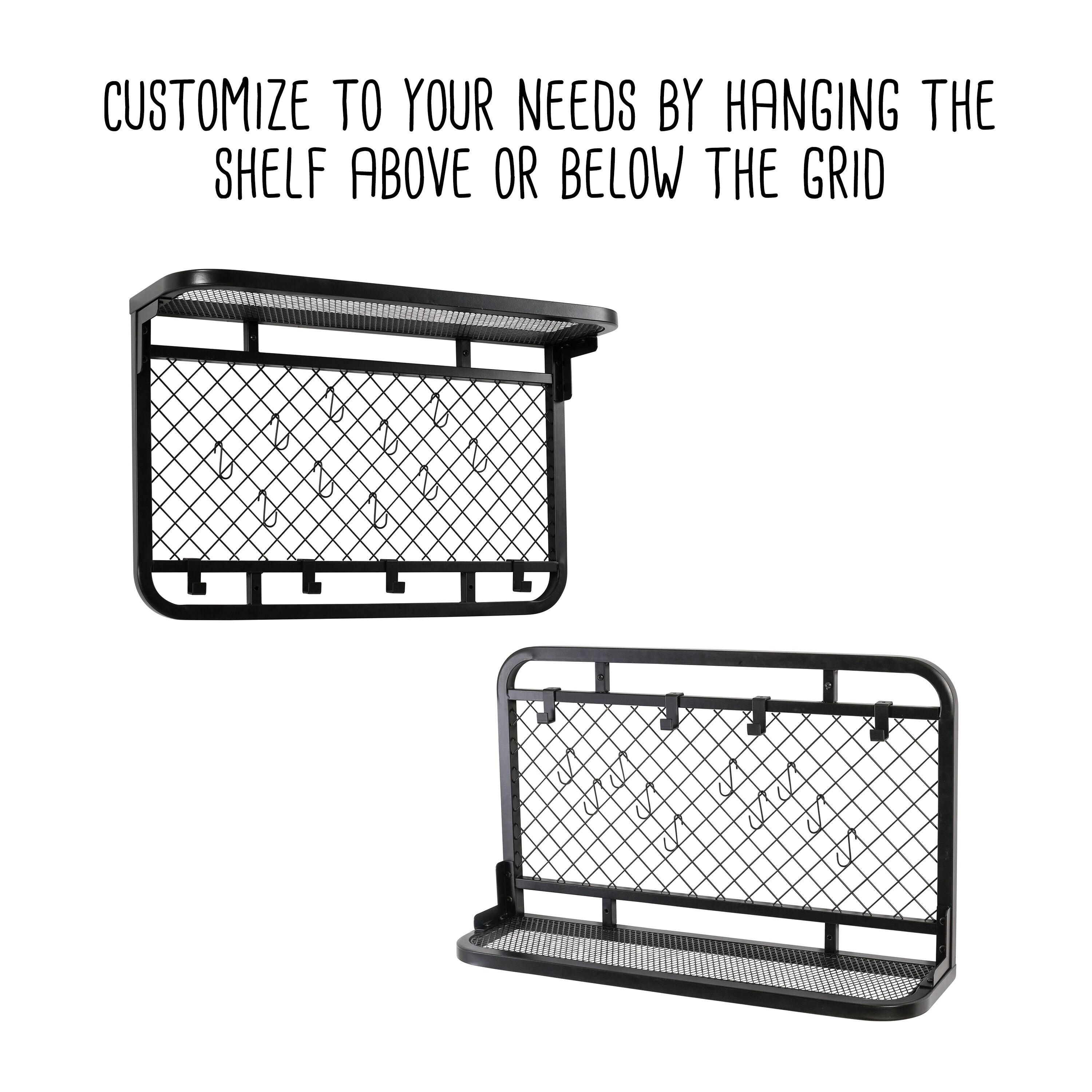 Honey-Can-Do Wall-Mounted Steel Reversible Garage Grid Shelf with Hooks, Black, Holds up to 60 lb per Shelf