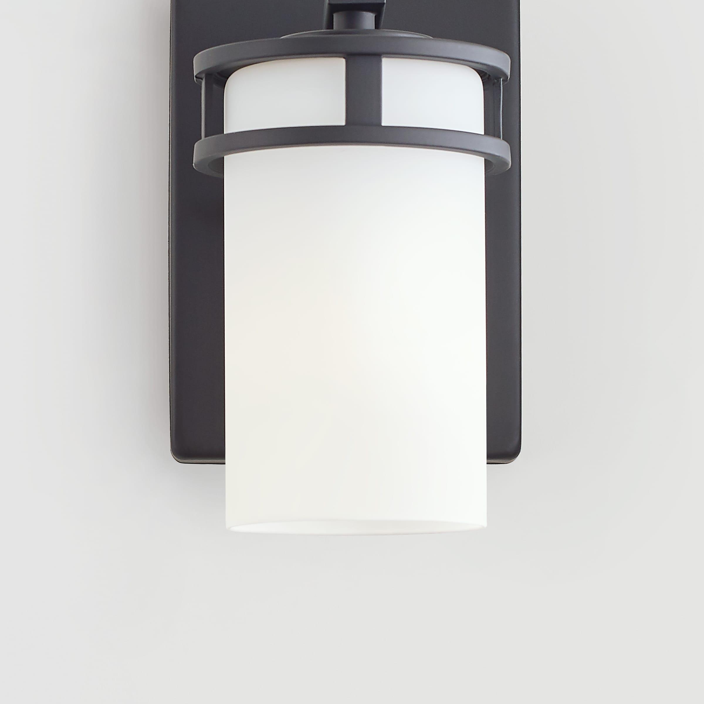 Generation Lighting 4121601-112 Robie Etched/White Glass Cylinder Wall Sconce Lighting Fixture, 1-Light 75 Watt, 8" H x 5" W, Midnight Black