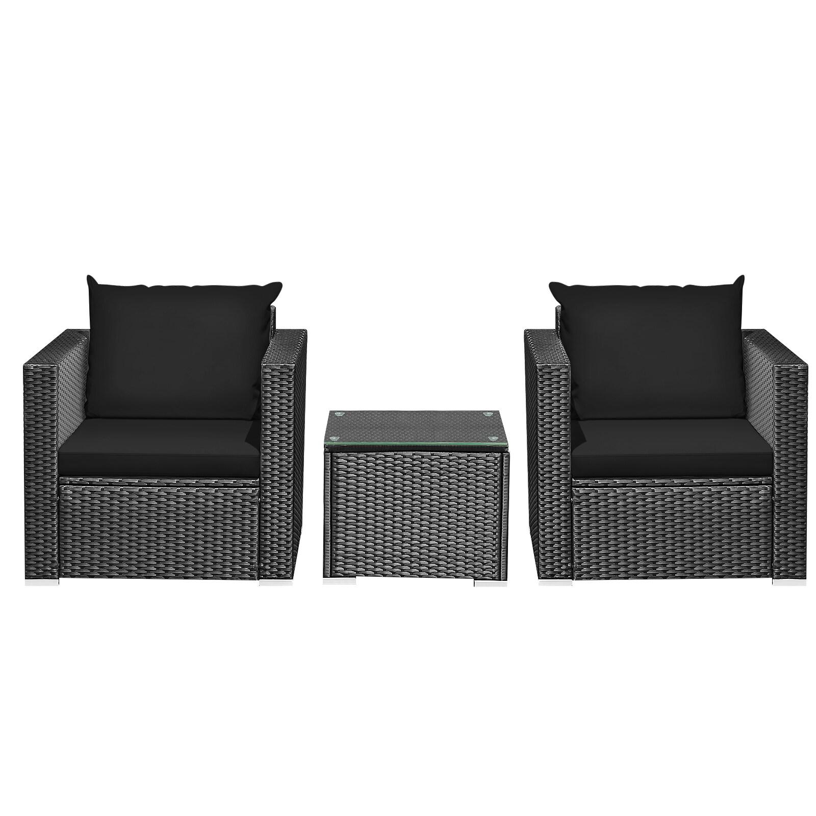 Resenkos 3 Pieces Patio Wicker Conversation Set, Outdoor Furniture Garden Conversation Bistro Sets with Coffee Table and Cushions-Black