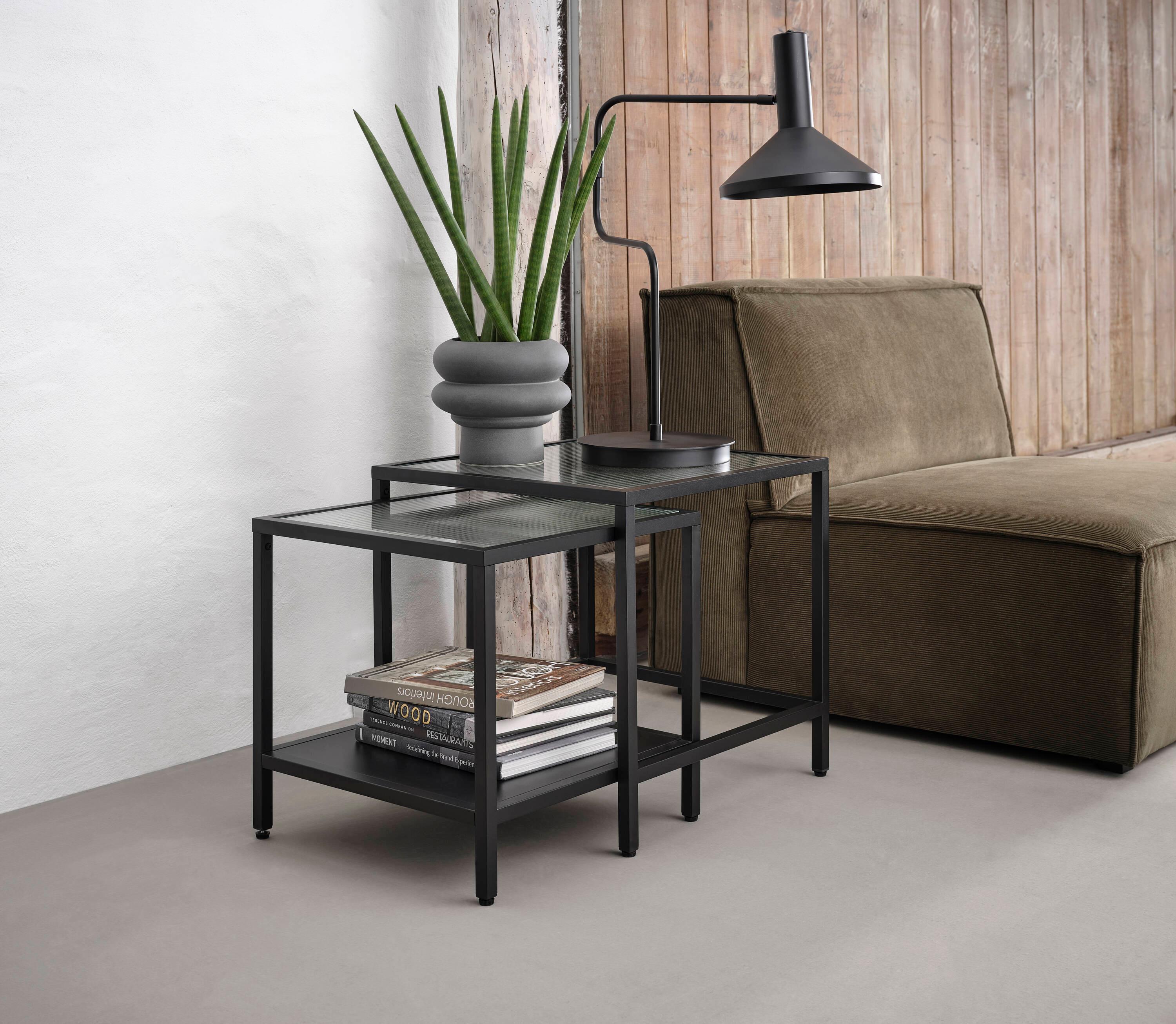 Unique Furniture Metal and Fluted Glass Nesting End Table Set in Black