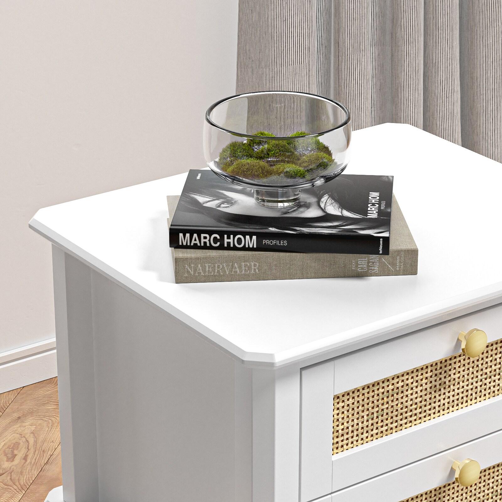 Giluta White Night Stand, 27.95'' H Wood Bedside Table with 2 Drawers, Natural Rattan Nightstand, Farmhouse End Side Table, Night Stand Cabinet for Bedroom