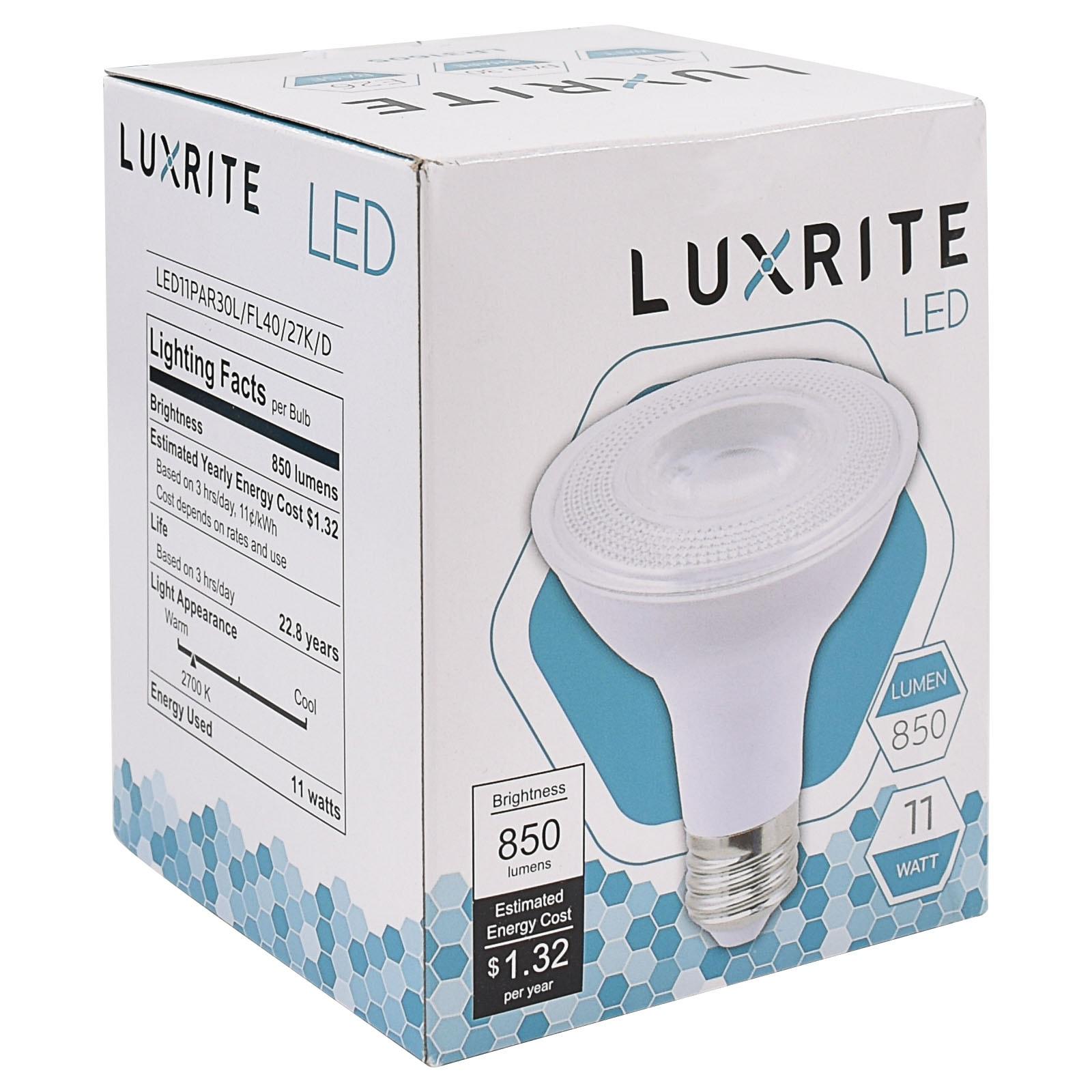 Luxrite 4-Pack LED PAR30 Flood Light Bulb 5000K Bright White 850 Lumens 11W Dimmable Wet Rated E26 Base UL Listed