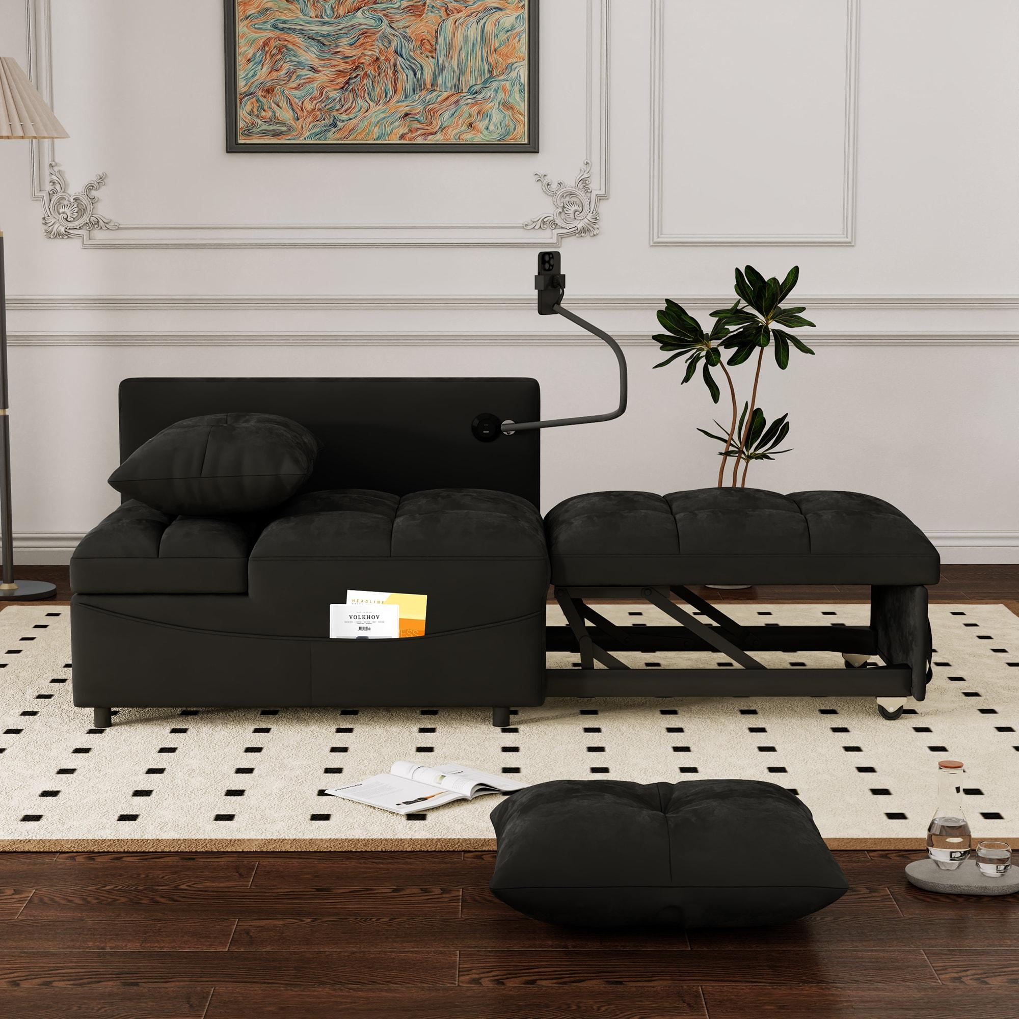 68.3" Gray Velvet Nailhead Sleeper Sofa with Throw Pillow
