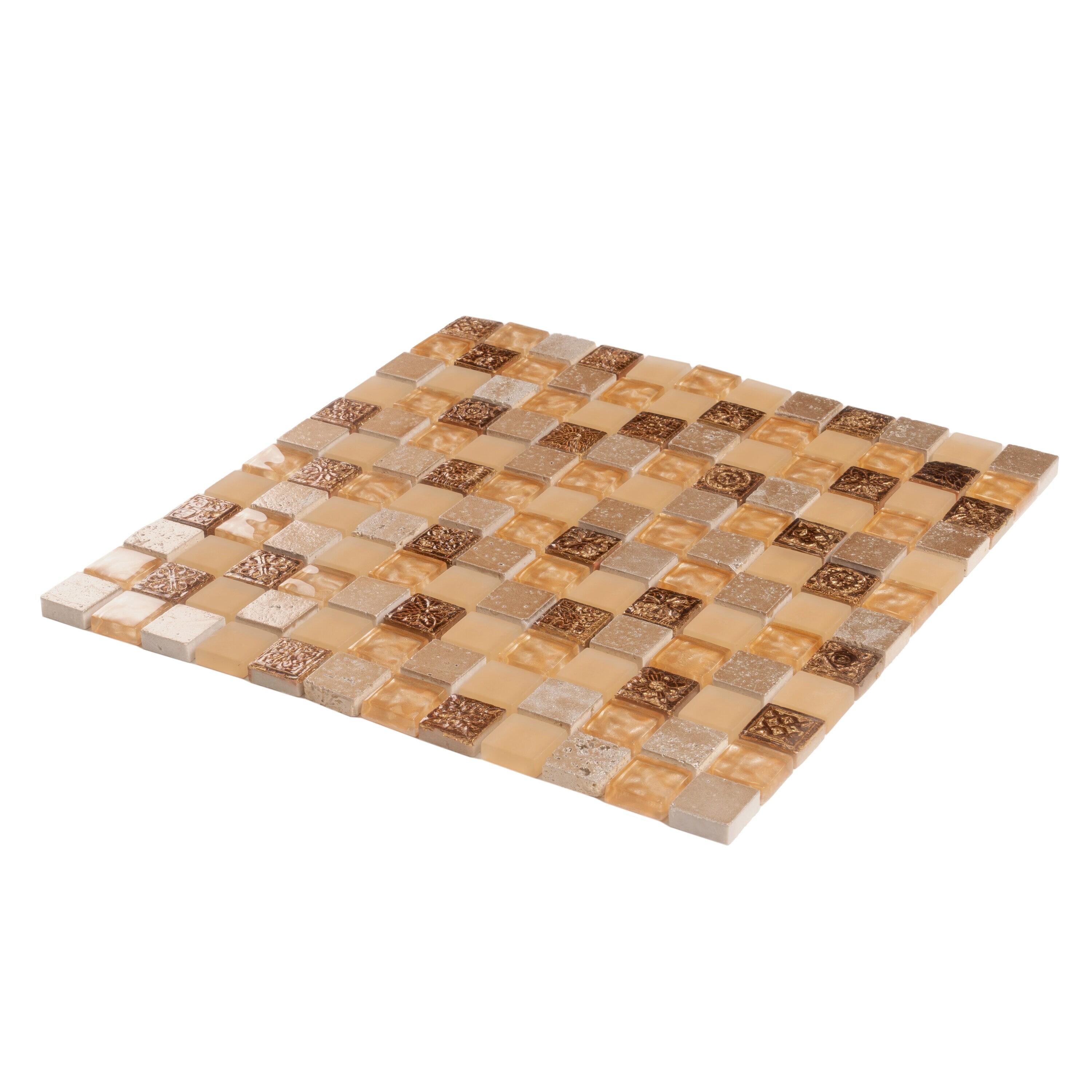 Beige and Brown Polished Glass and Stone Mosaic Tile