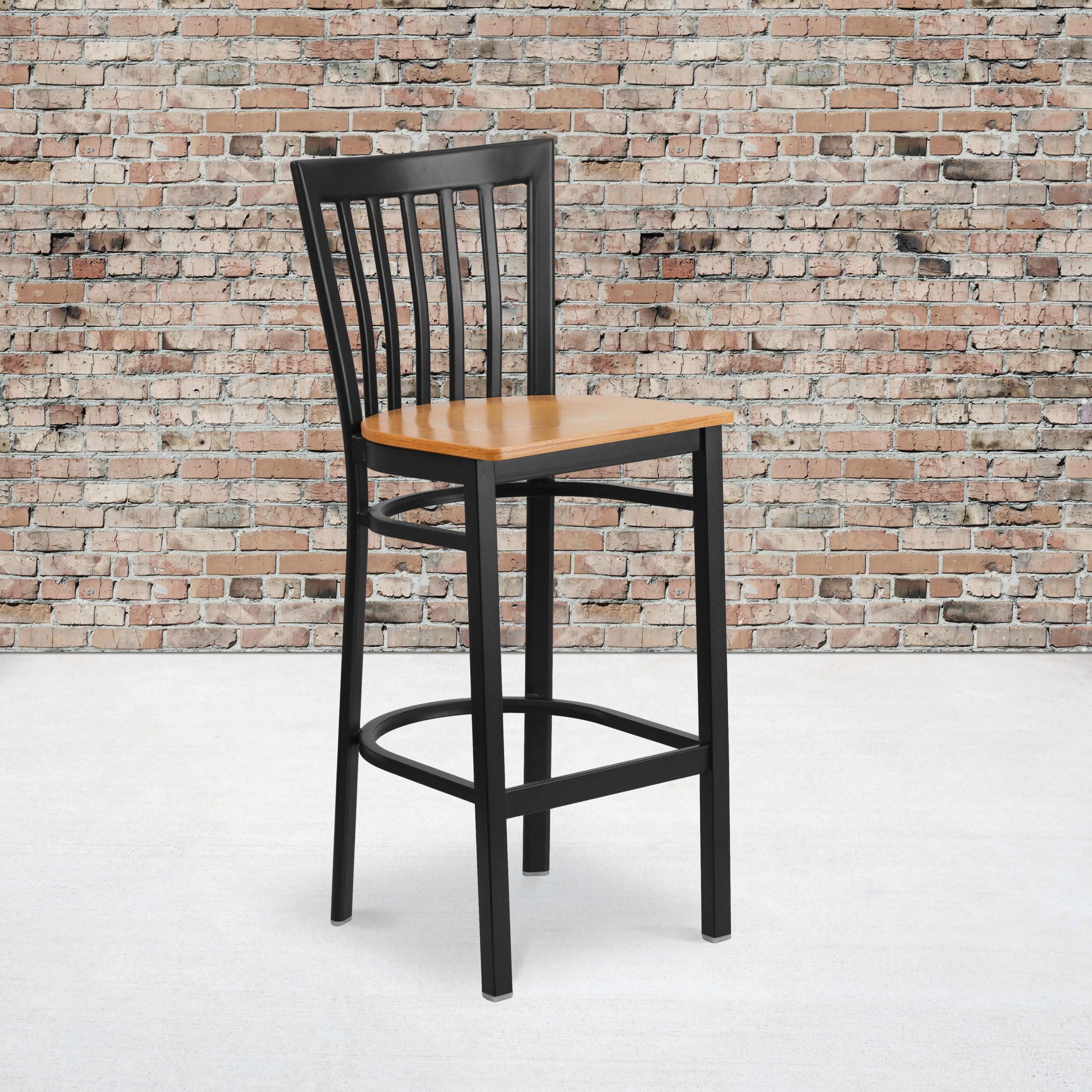 Flash Furniture HERCULES Series Black School House Back Metal Restaurant Barstool - Natural Wood Seat