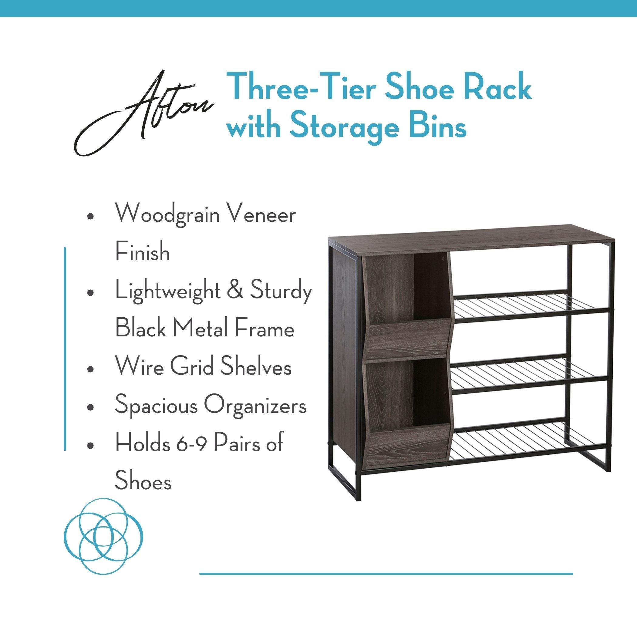 Afton Entryway Shoe Storage Organizer with 3 Shoe Racks and 2 Shoe Organizer Boxes Weathered Woodgrain - RiverRidge Home