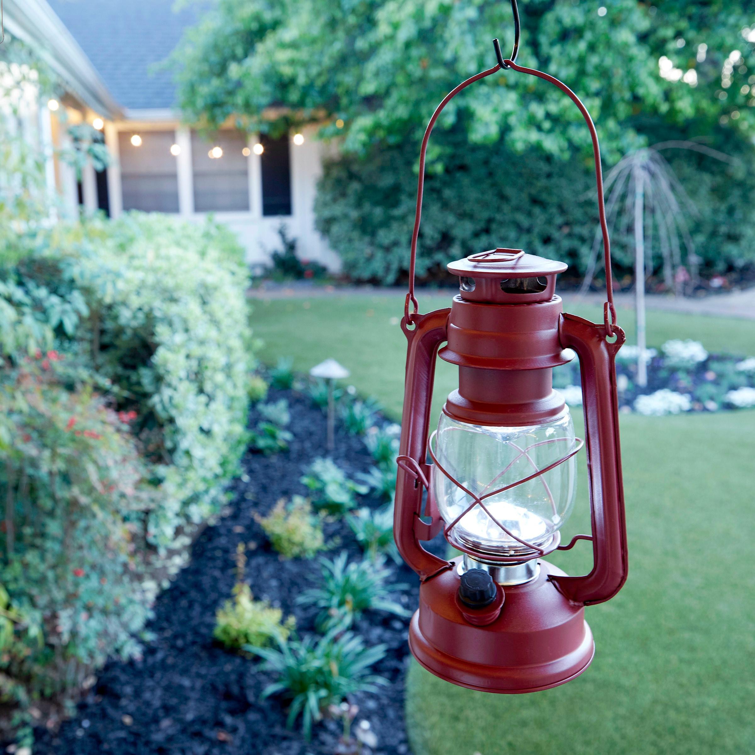 Red Hurricane Lantern with Cool White LED Lights