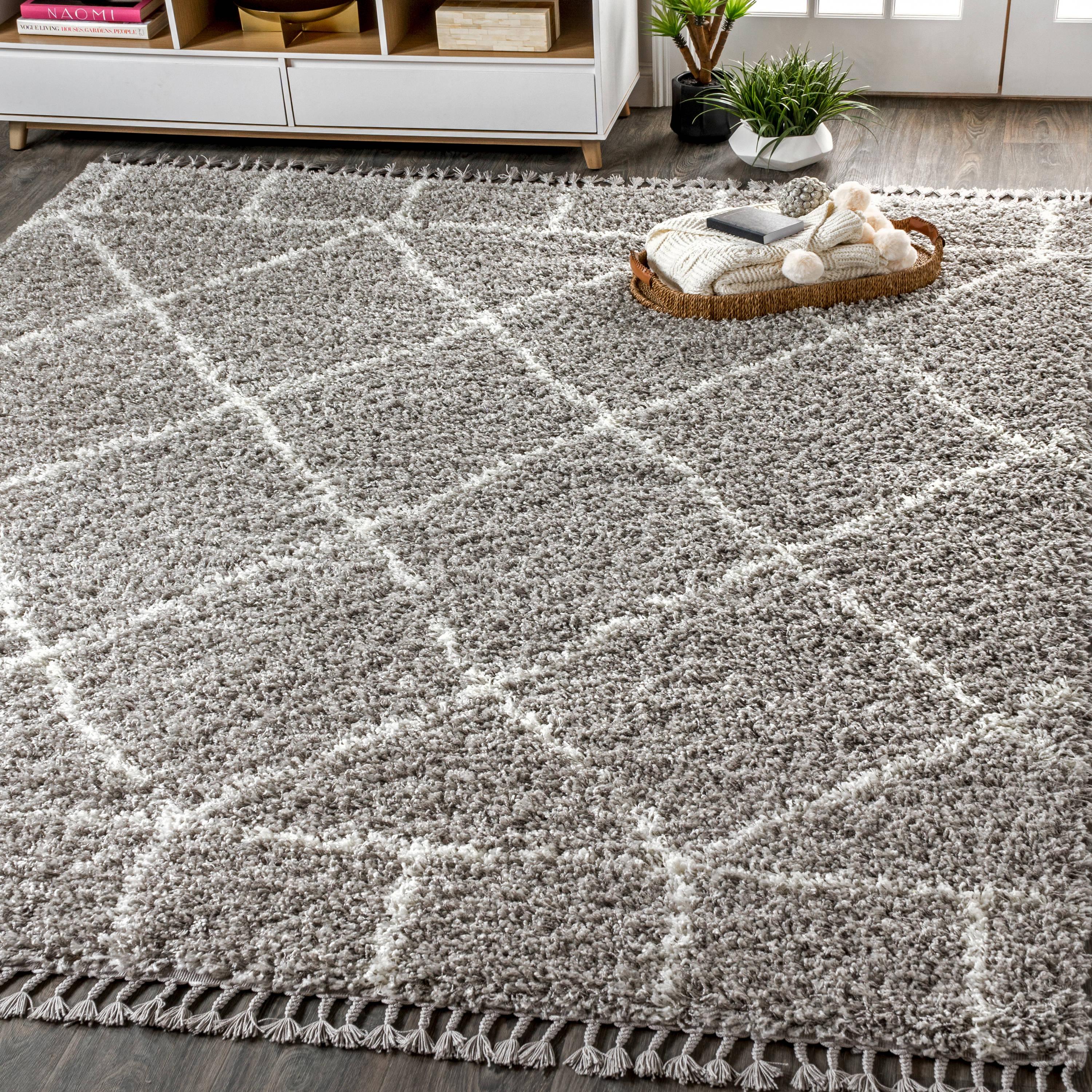 4'x6' Mercer Shag Plush Tassel Moroccan Geometric Trellis Area Rug, Grey/Cream - JONATHAN Y