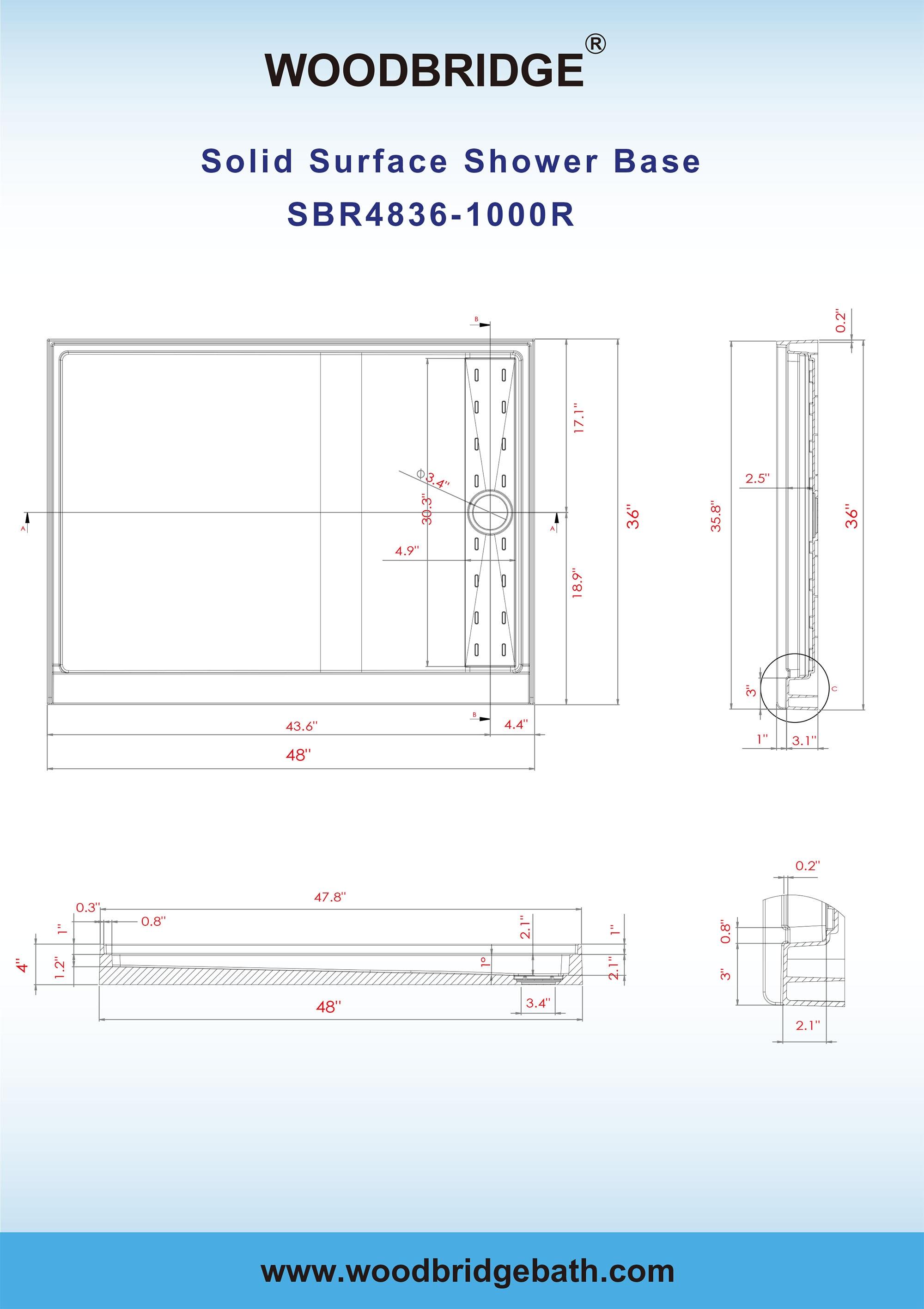 48" W x 36" Solid Surface Single Threshold Shower Pan Base with Drain Assembly & Drain Cover Included, Non-Slip