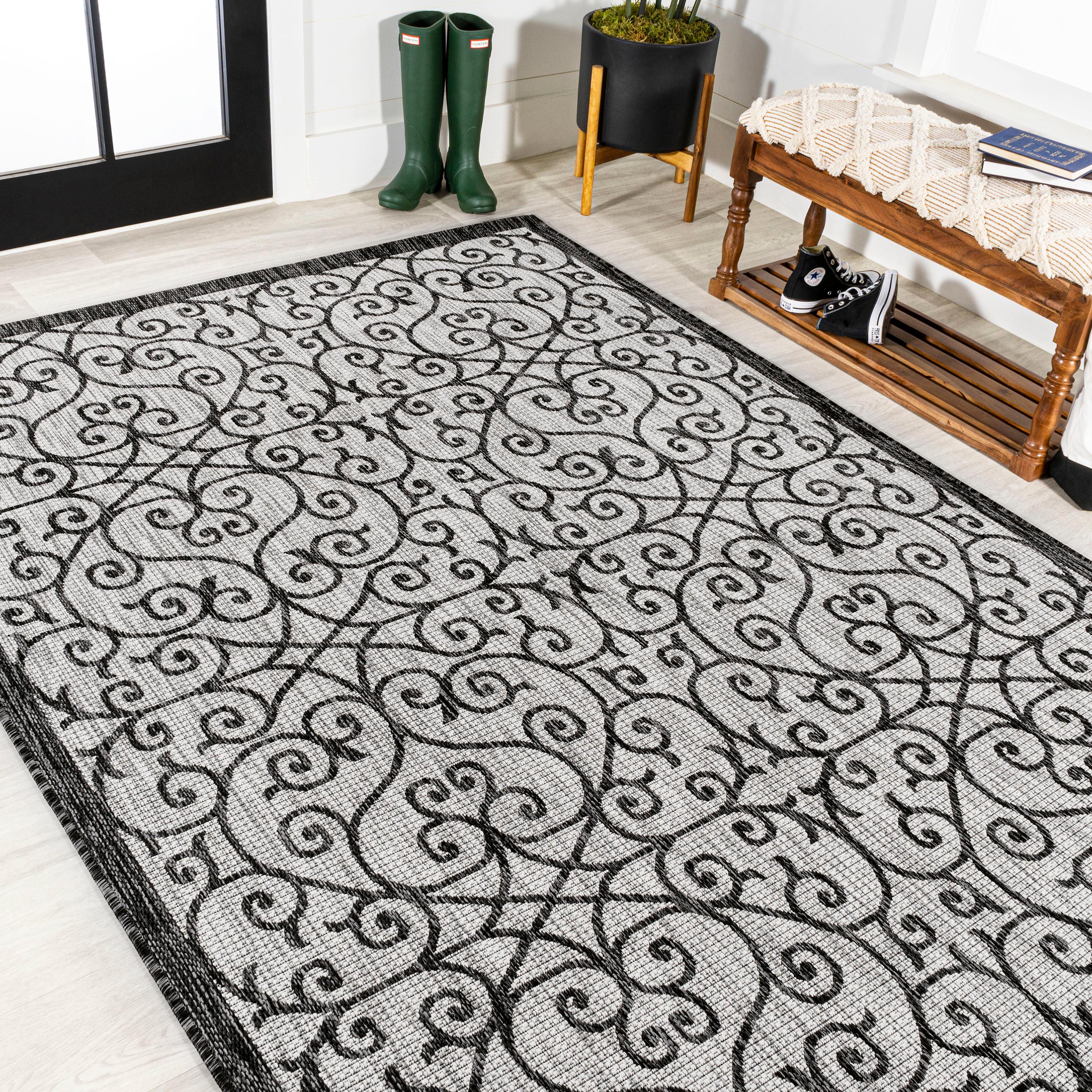 8' x 10' Madrid Vintage Filigree Textured Weave Indoor/Outdoor Area Rug, Light Gray/Black - JONATHAN Y