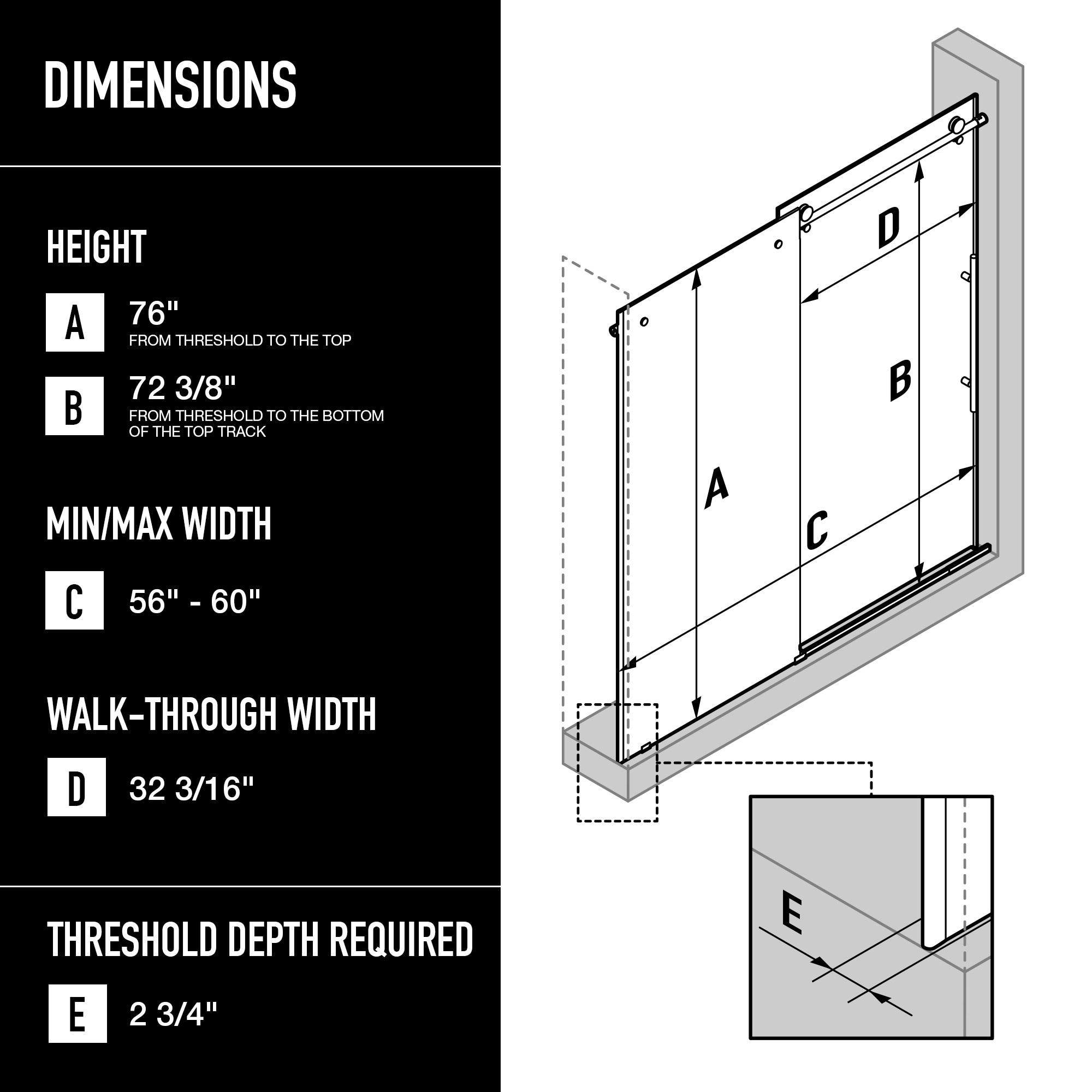 Elan E-Class 56-60" W x 76" H Sliding Frameless Shower Door with 3/8" Fluted Glass