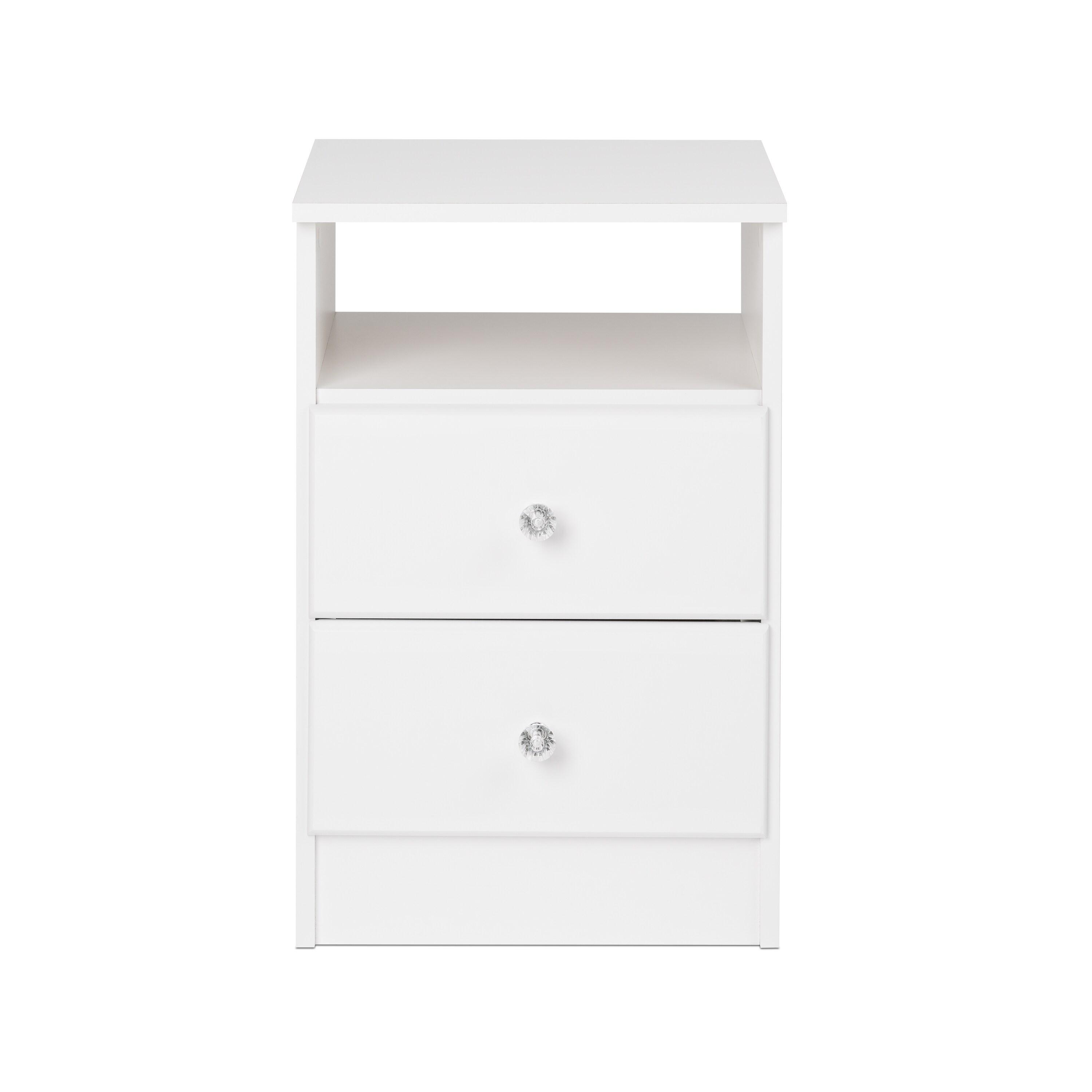 Astrid 2 Drawer Nightstand with Crystal Knobs White - Prepac: Modern Style, Open Shelf Storage