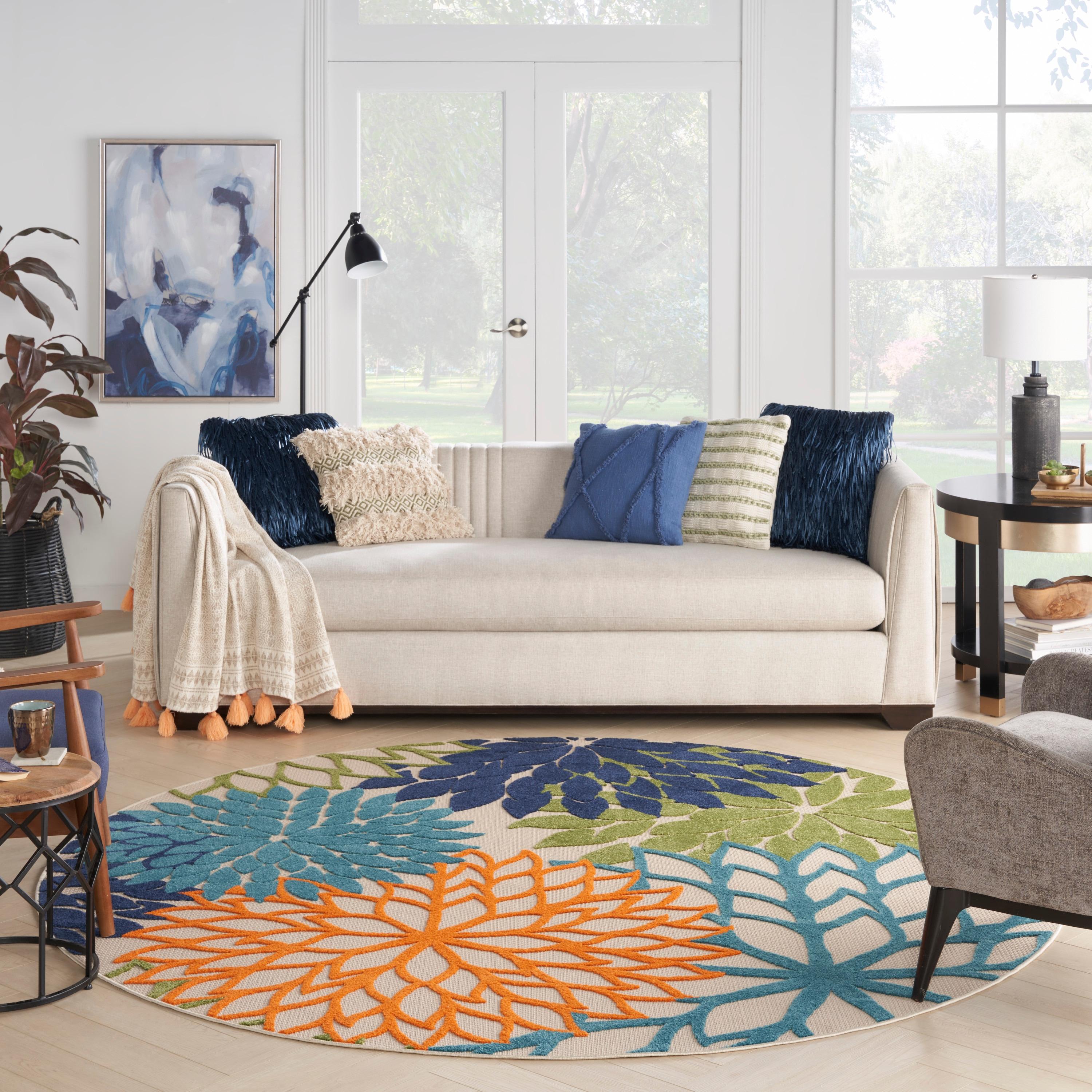 Navy and Light Blue Round Geometric Synthetic Rug