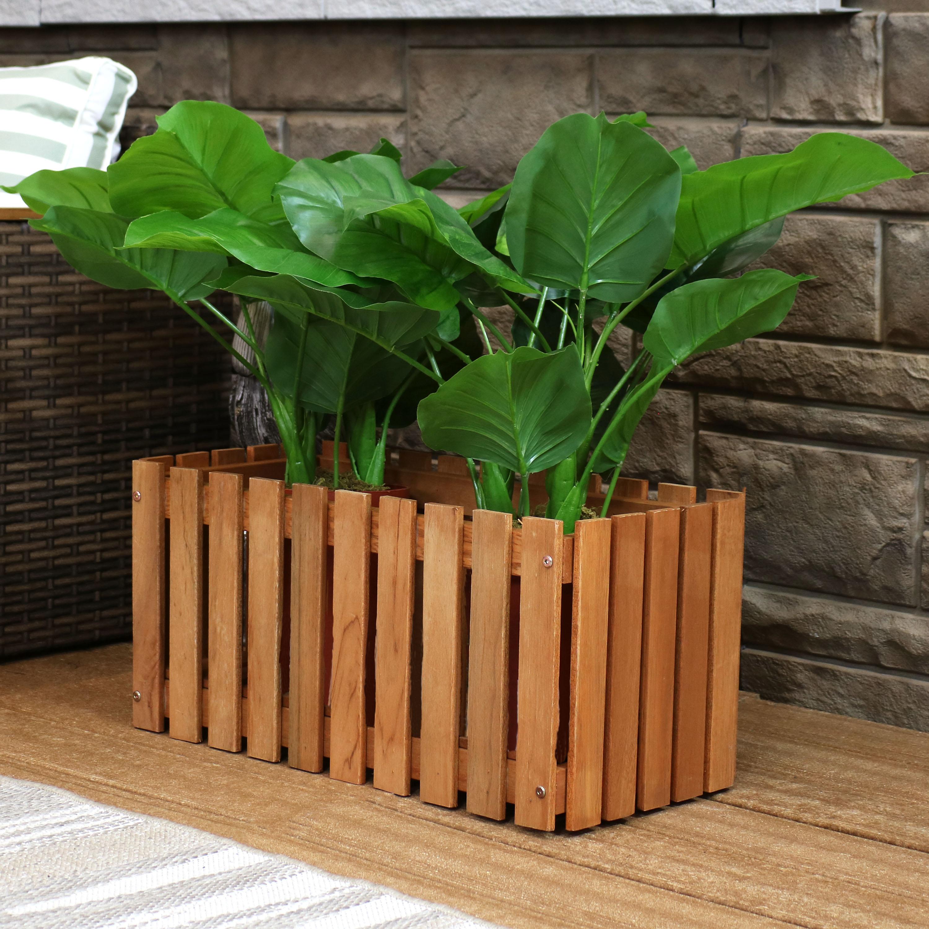 Sunnydaze Outdoor Rectangle Meranti Wood Picket Style Planter Box for Flowers, Herbs, Vegetables and Plants - 24" W - Brown