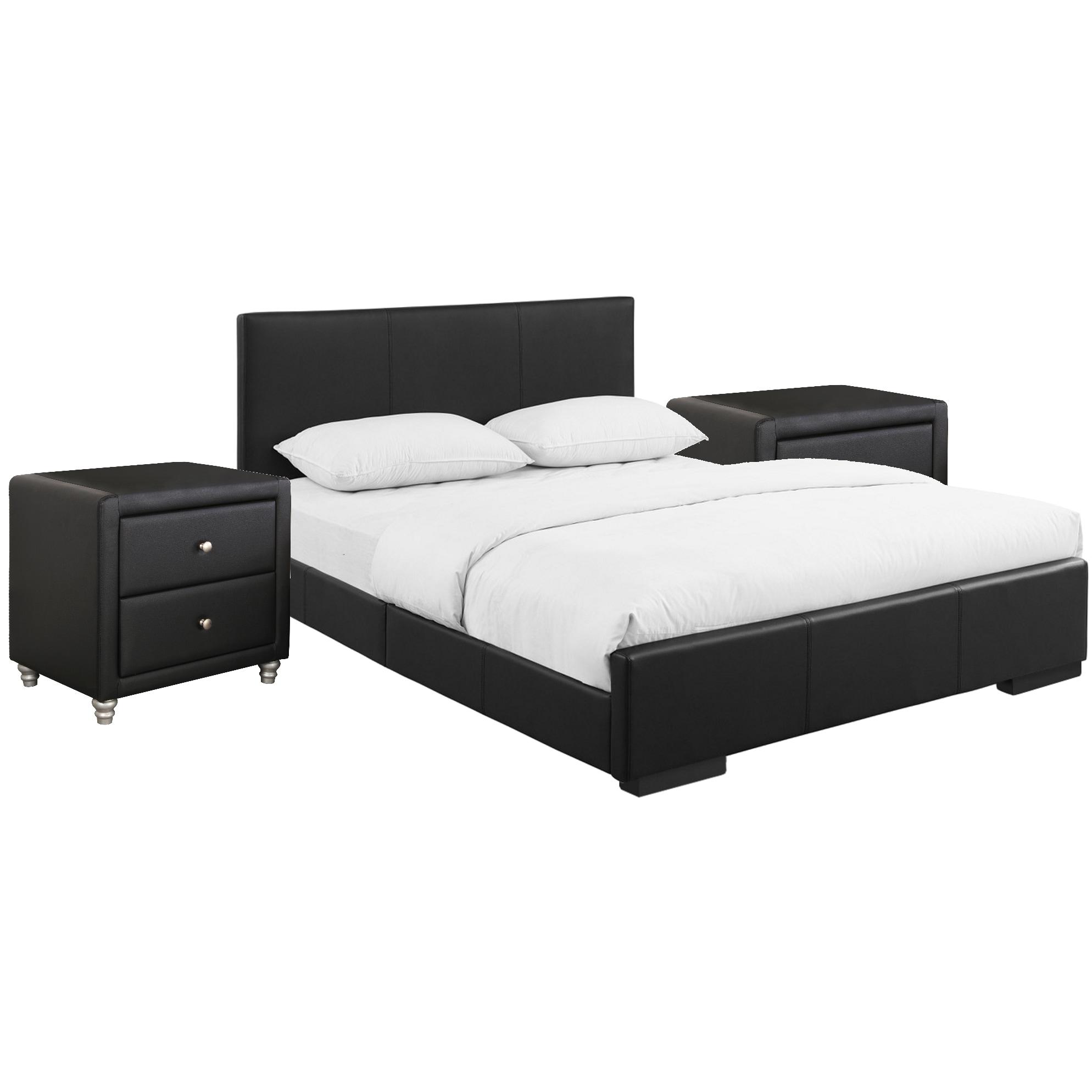 HomeStock Medieval Moods Upholstered Platform Bed, Black, King with 2 Nightstands
