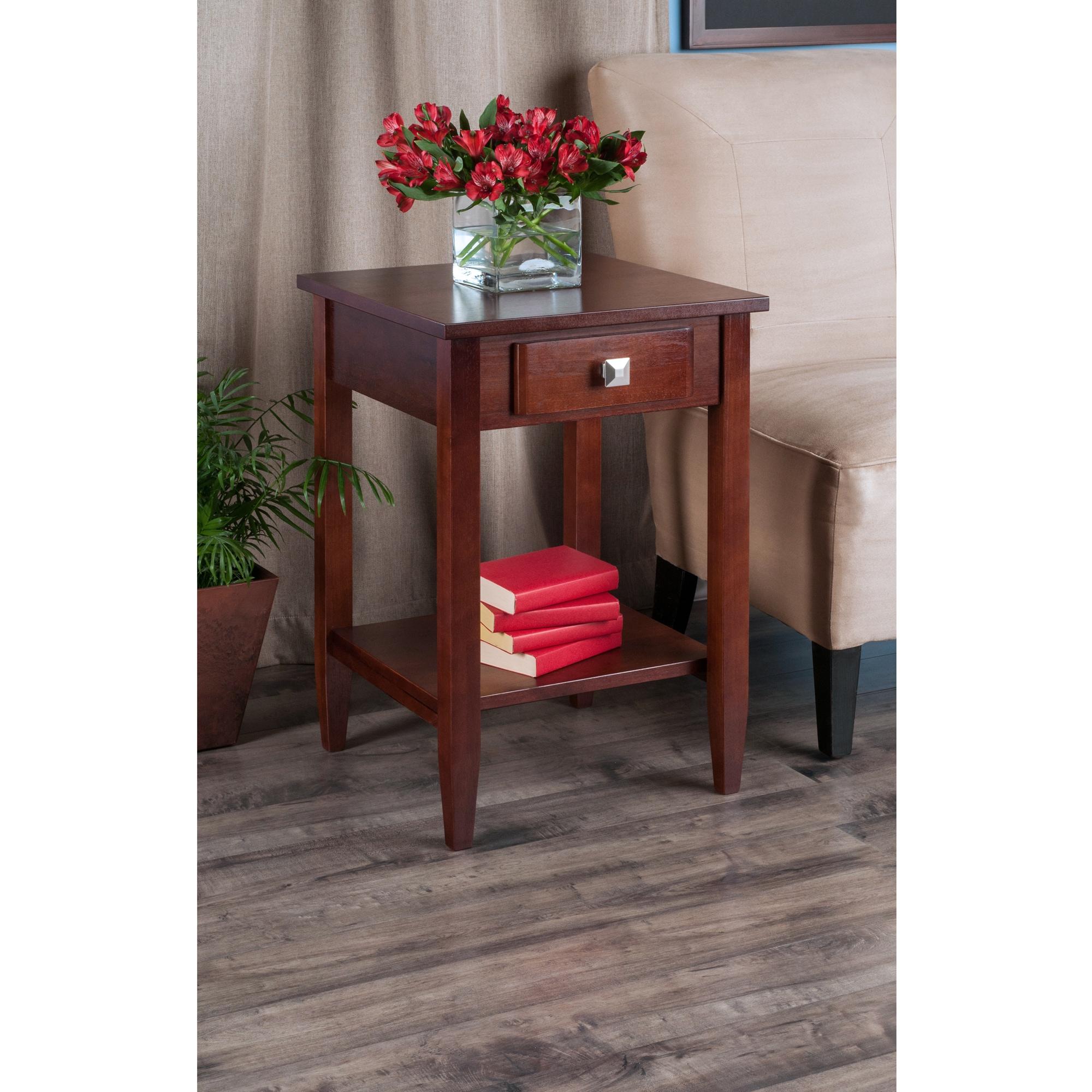 Richmond End Table with Tapered Leg Walnut Finish - Winsome: Modern Storage, Brushed-Chrome Knob, Hardwood