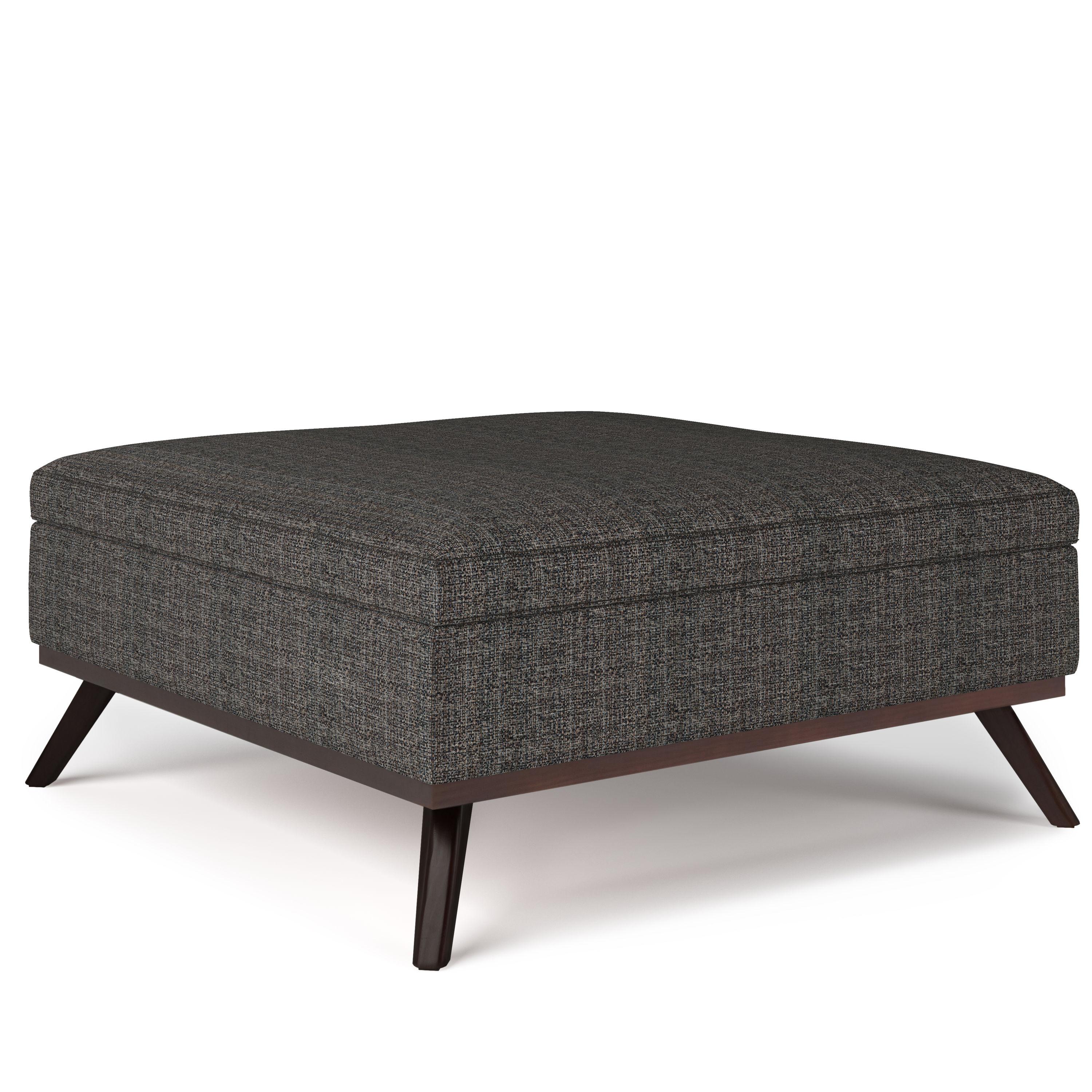 Simpli Home Owen 36"W Upholstered Square Coffee Table Storage Ottoman with Lift Top and Solid Wood Legs