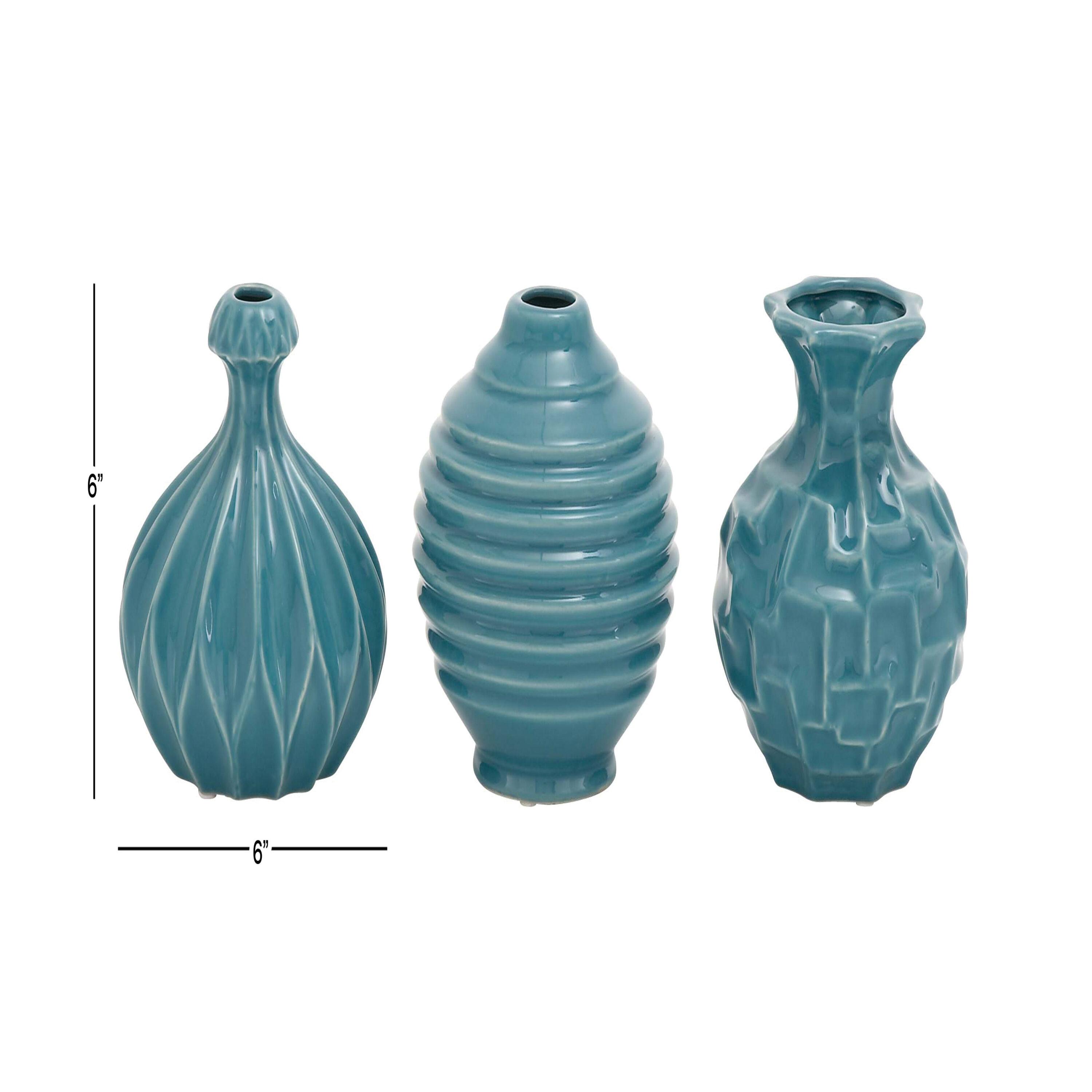 DecMode 6"W, 6"H Blue Ceramic Vase with Varying Patterns, Set of 3