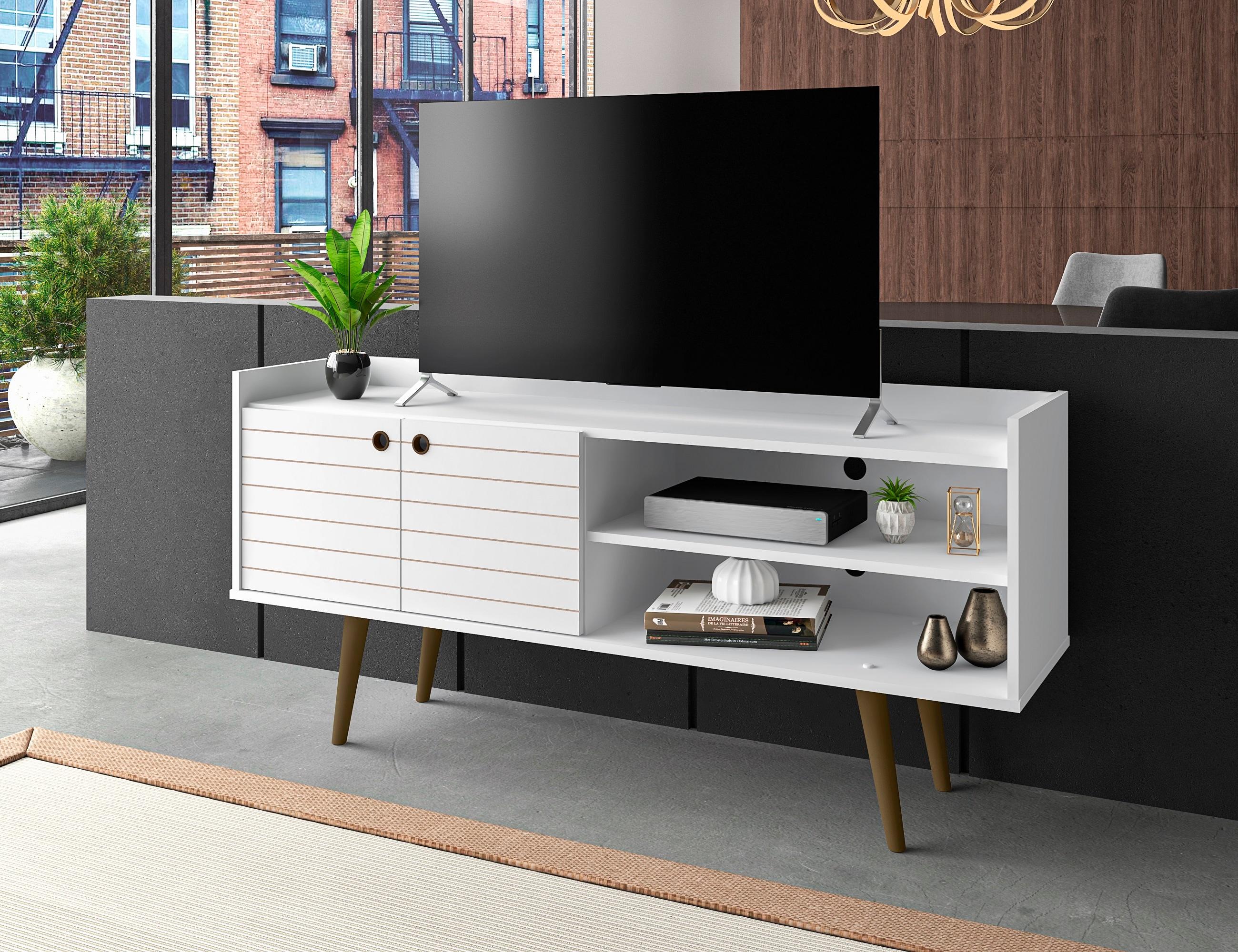 Bogart Mid Century Modern TV Stand for TVs up to 50'': Media Stand with Open Shelves & Cable Management - Manhattan Comfort