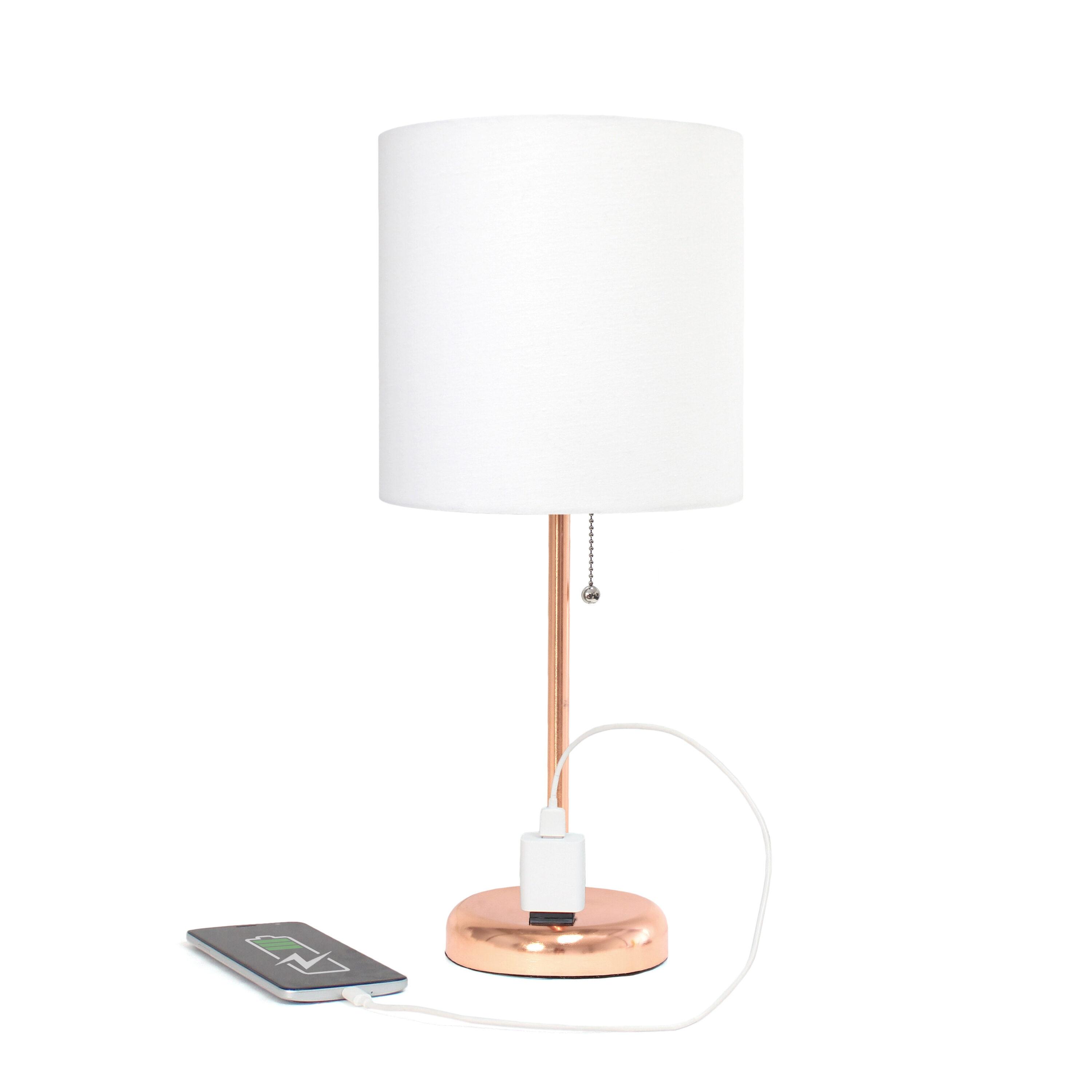 Creekwood Home 19.5" Bedside Power Outlet Base Metal Table Desk Lamp in Rose Gold with White Fabric Shade: ETL Listed, No Assembly Required