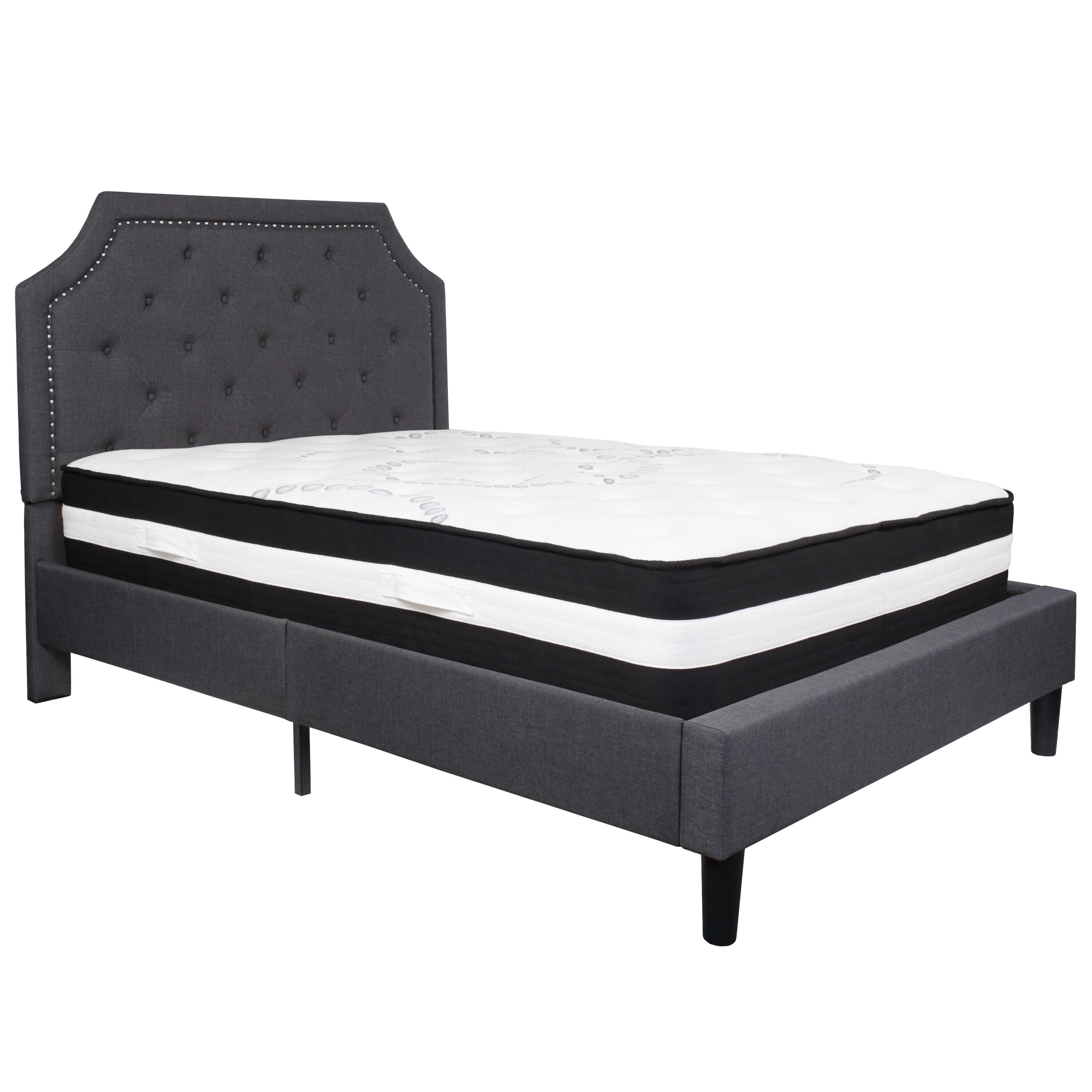 Flash Furniture Brighton Full Size Tufted Upholstered Platform Bed in Dark Gray Fabric with Pocket Spring Mattress