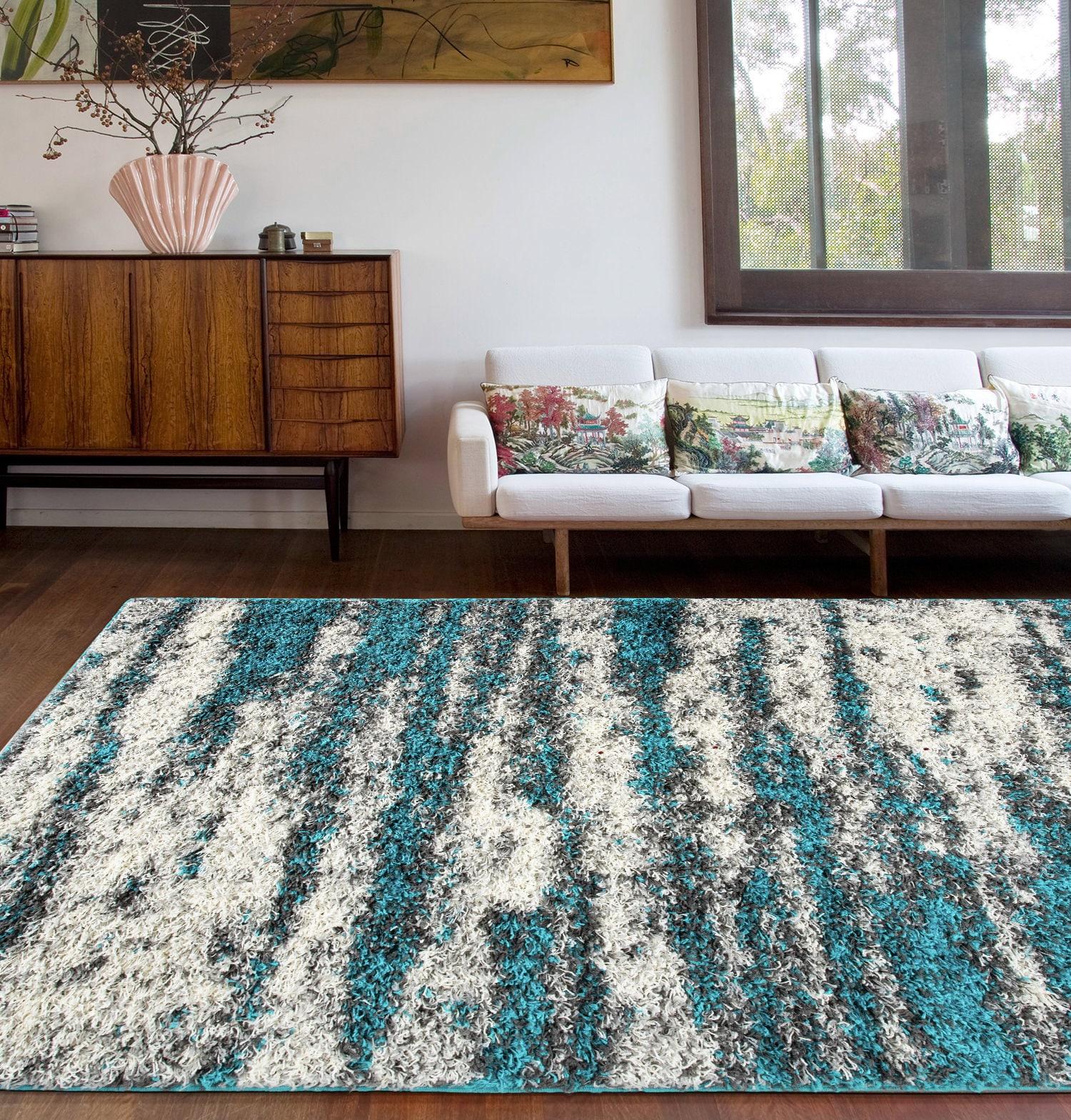 World Rug Gallery Modern Abstract Design Plush Shag Area Rug - Turquoise 5' x 7'