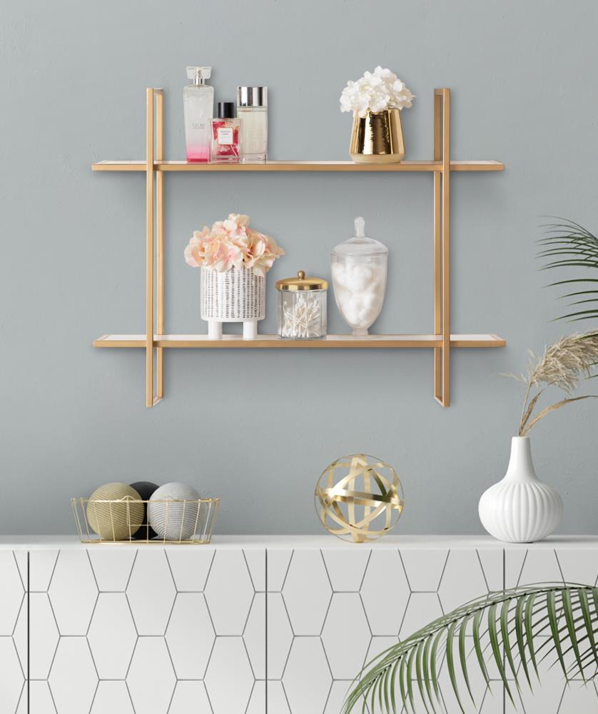 Kate & Laurel All Things Decor 30" x 24" Leigh Wood and Metal Wall Shelf White: MDF Floating Wall Shelves, 2-Tier