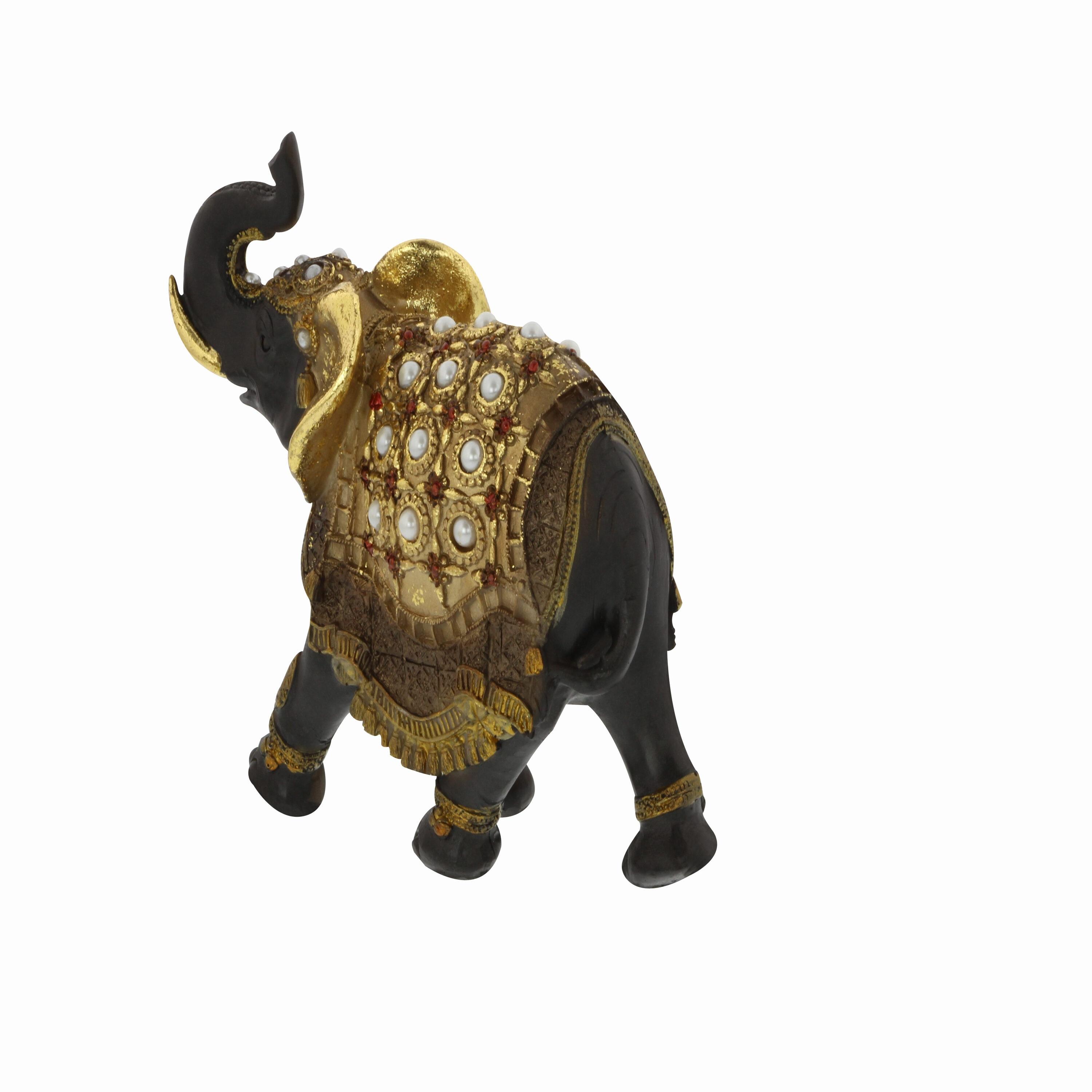 World Menagerie Alfhild Polystone Handmade Decorated Elephant Gold Sculpture with Ornate Dresswear and Pearl Accents Set