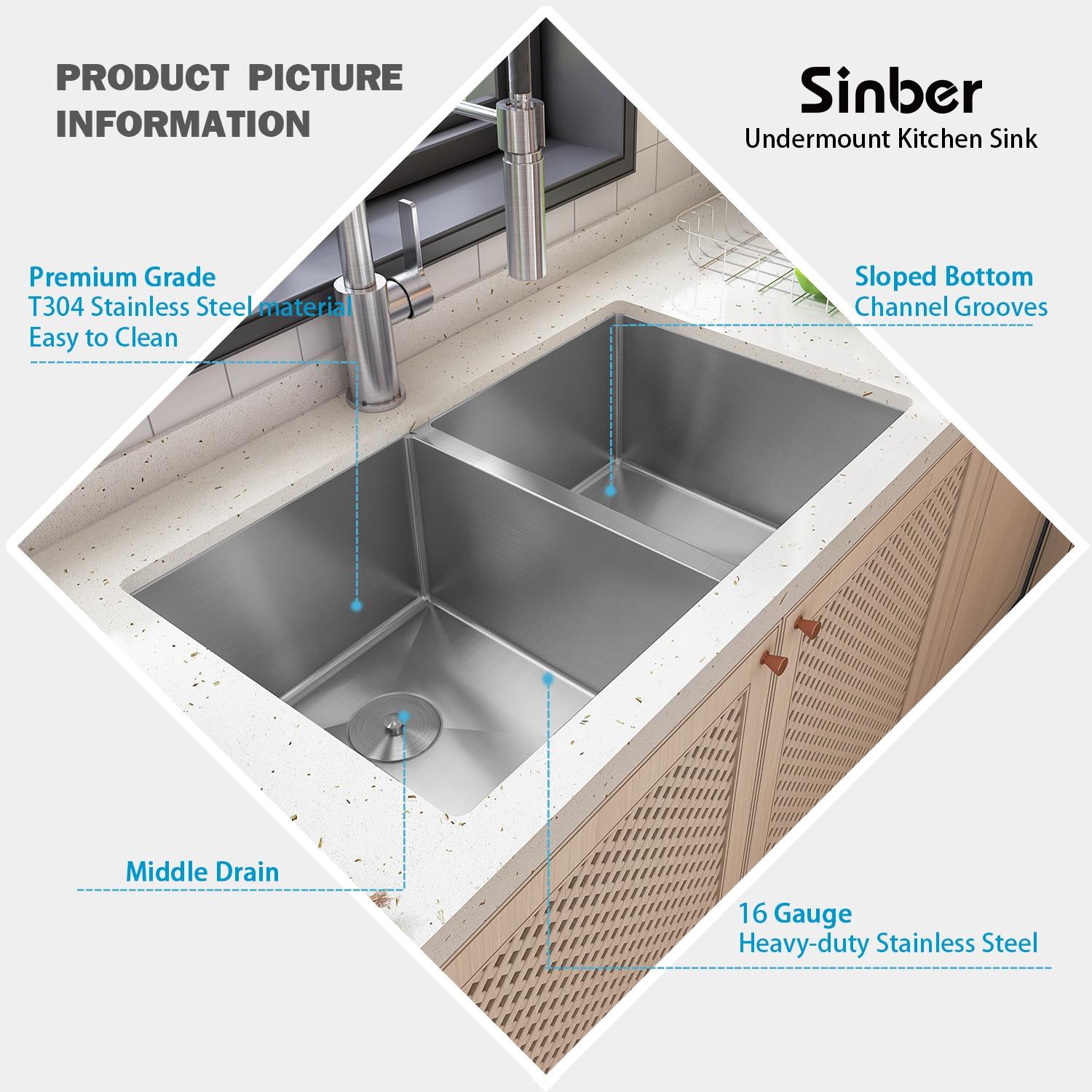 Sinber HU3219D-S-16W Sinber 32" x 19" Undermount Double Bowl Kitchen Sink with 16 Gauge 304 Stainless Steel Satin Finish