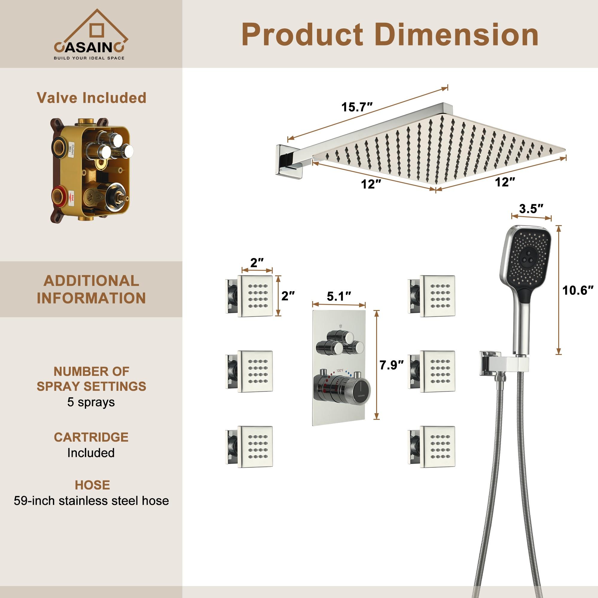 Revitalize 3-Function 12 Inch Wall Mount Rainfall Thermostatic Shower System with 6 Body Jets