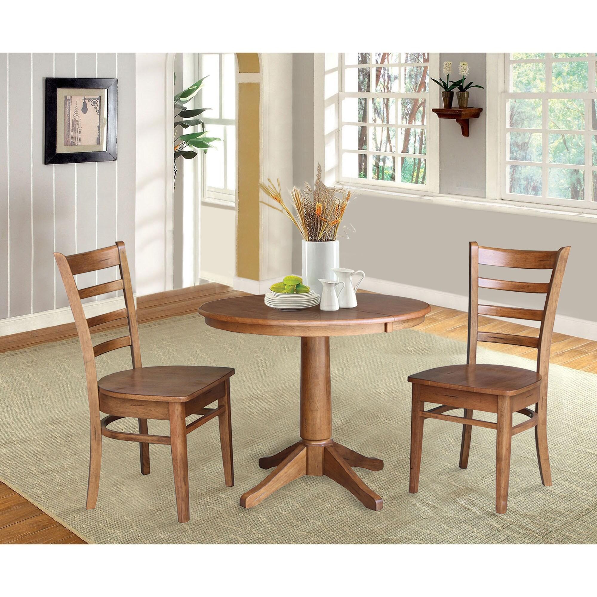 36" Round Solid Wood Extension Dining Table with 2 Chairs in Distressed Oak by International Concepts