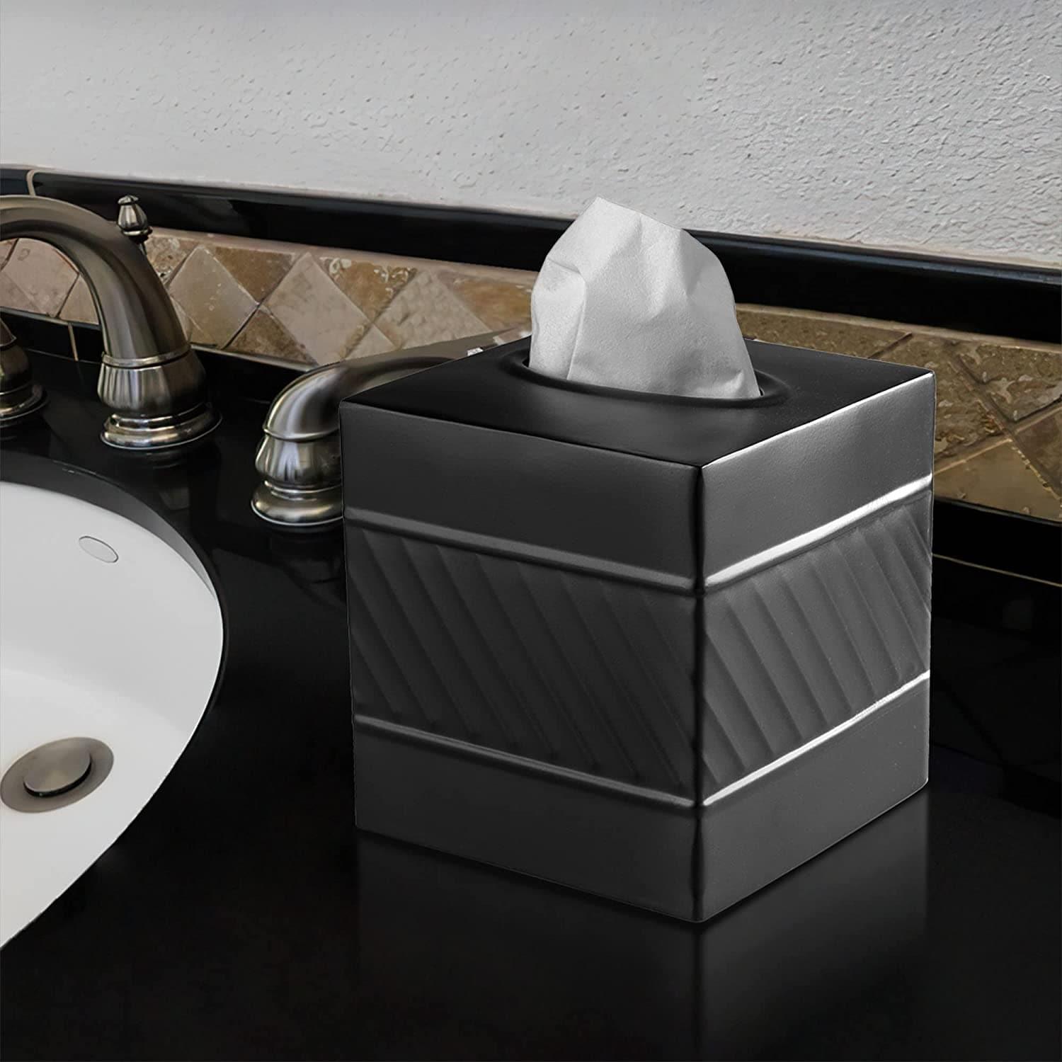 Monarch Abode Tissue Box Cover, Hand Hammered, Metal, Square Tissue Box Holder, Black