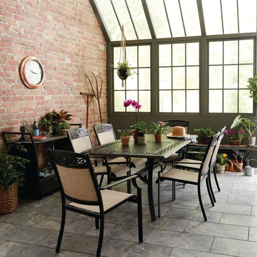 Elegant Rustic 7-Piece Outdoor Dining Set with Cast-Top Table and Sling Chairs