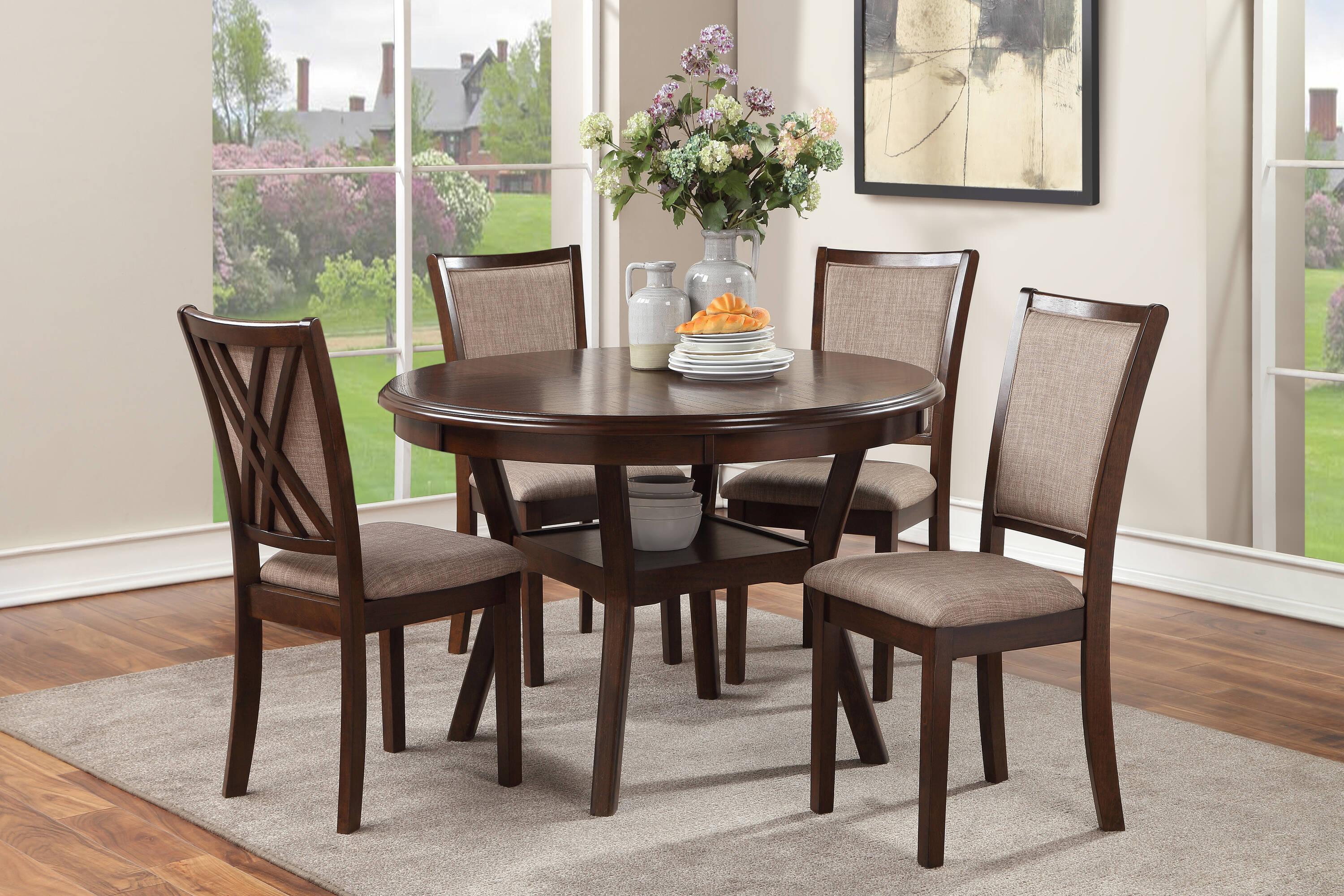 Cherry Wood Round Dining Table Set with Gray Upholstered Chairs