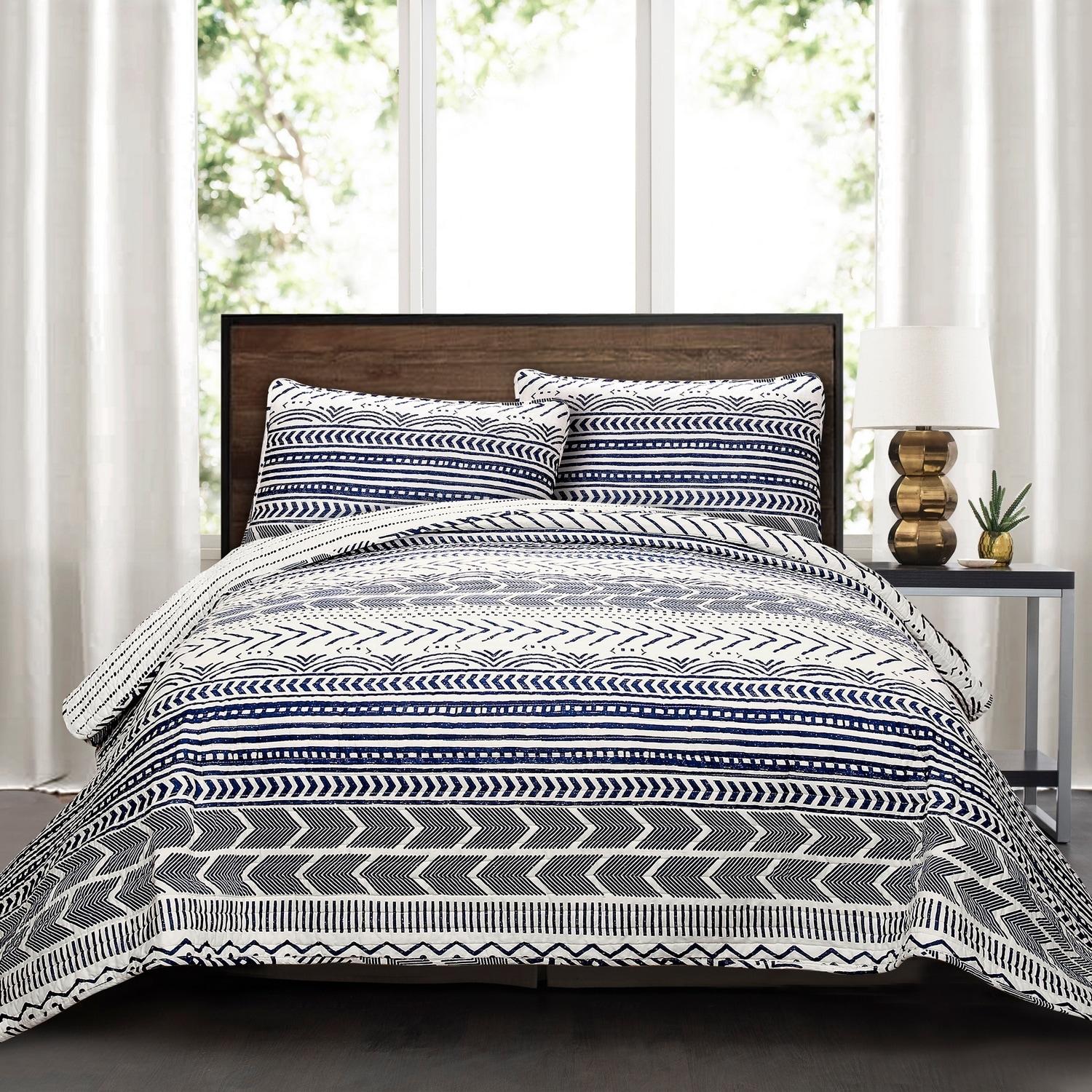 Lush Décor 3pc King Hygge Geo Reversible Quilt & Sham Set Navy/White: STANDARD 100 OEKO-TEX Certified