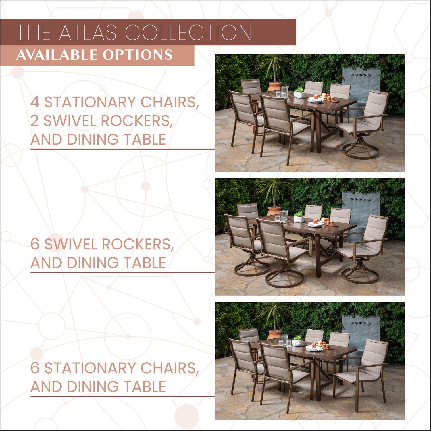 Mod Furniture Atlas 7-Piece Modern Outdoor Dining Set with 6 Swivel Padded Sling Chairs and Trestle Style Table, ATLASDN7PCSW6-TAN