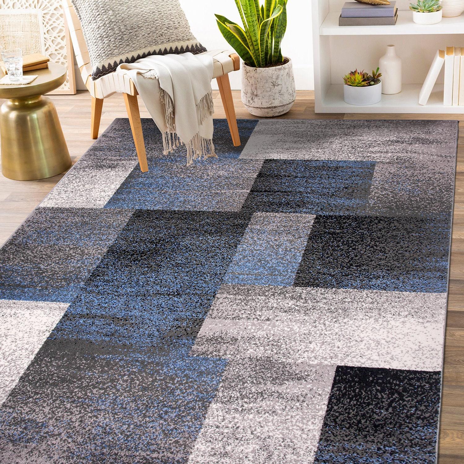 World Rug Gallery Contemporary Modern Geometric Boxes Area Rug - Blue 5' x 7'