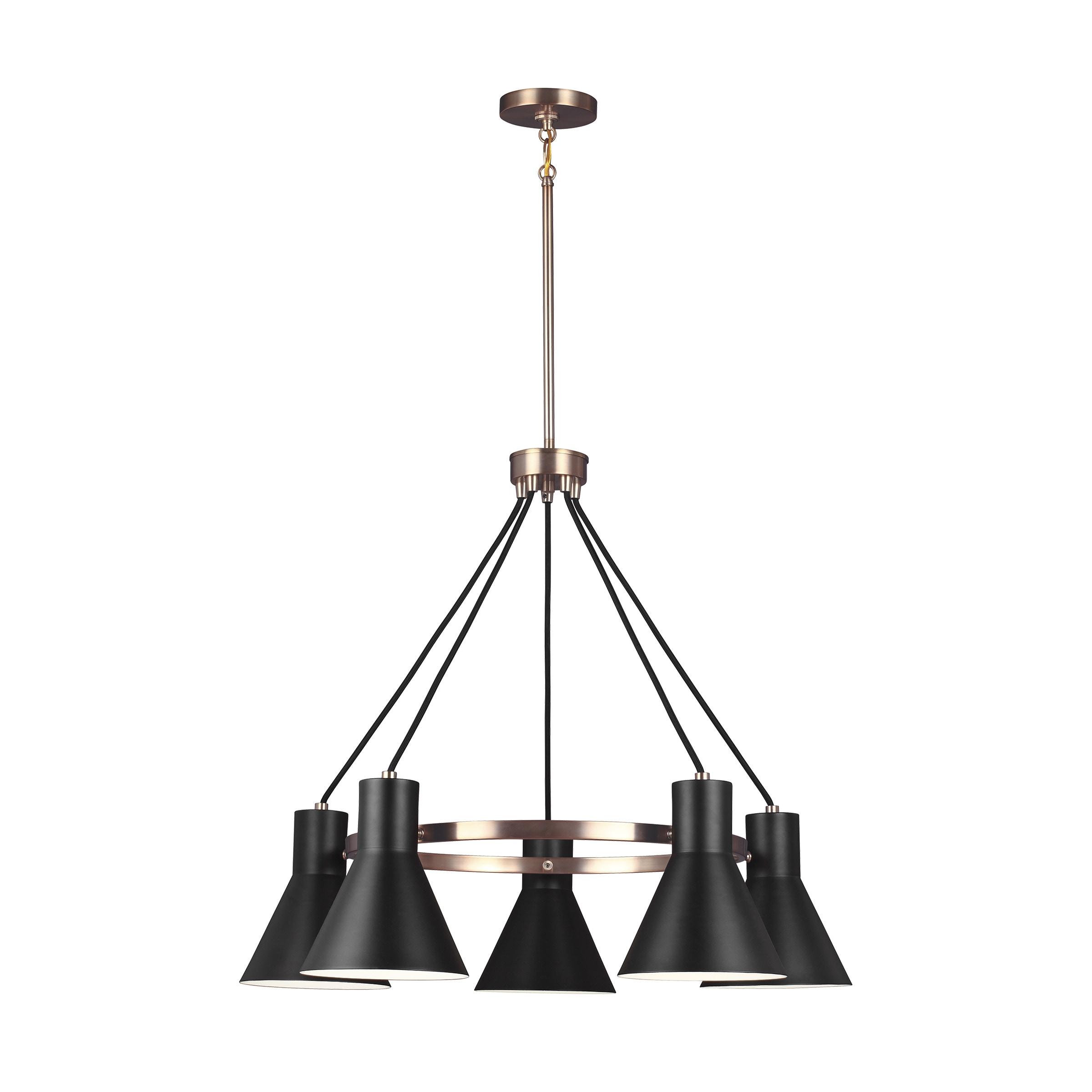 Satin Brass 5-Light Chandelier with Black Steel Shade