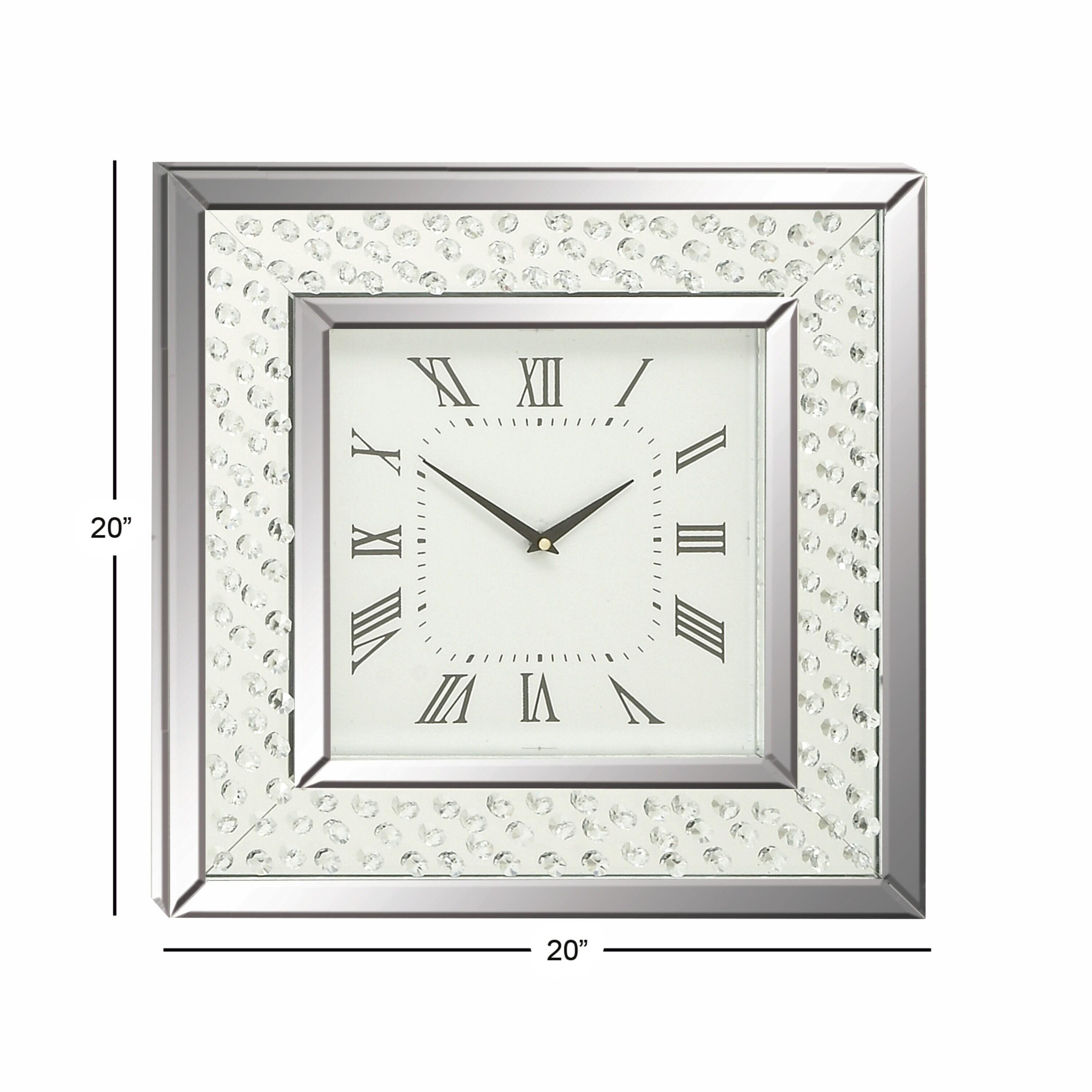 Wood Mirrored Wall Clock with Floating Crystals Silver - Olivia & May: Silent, Art Deco Style, Square Shape