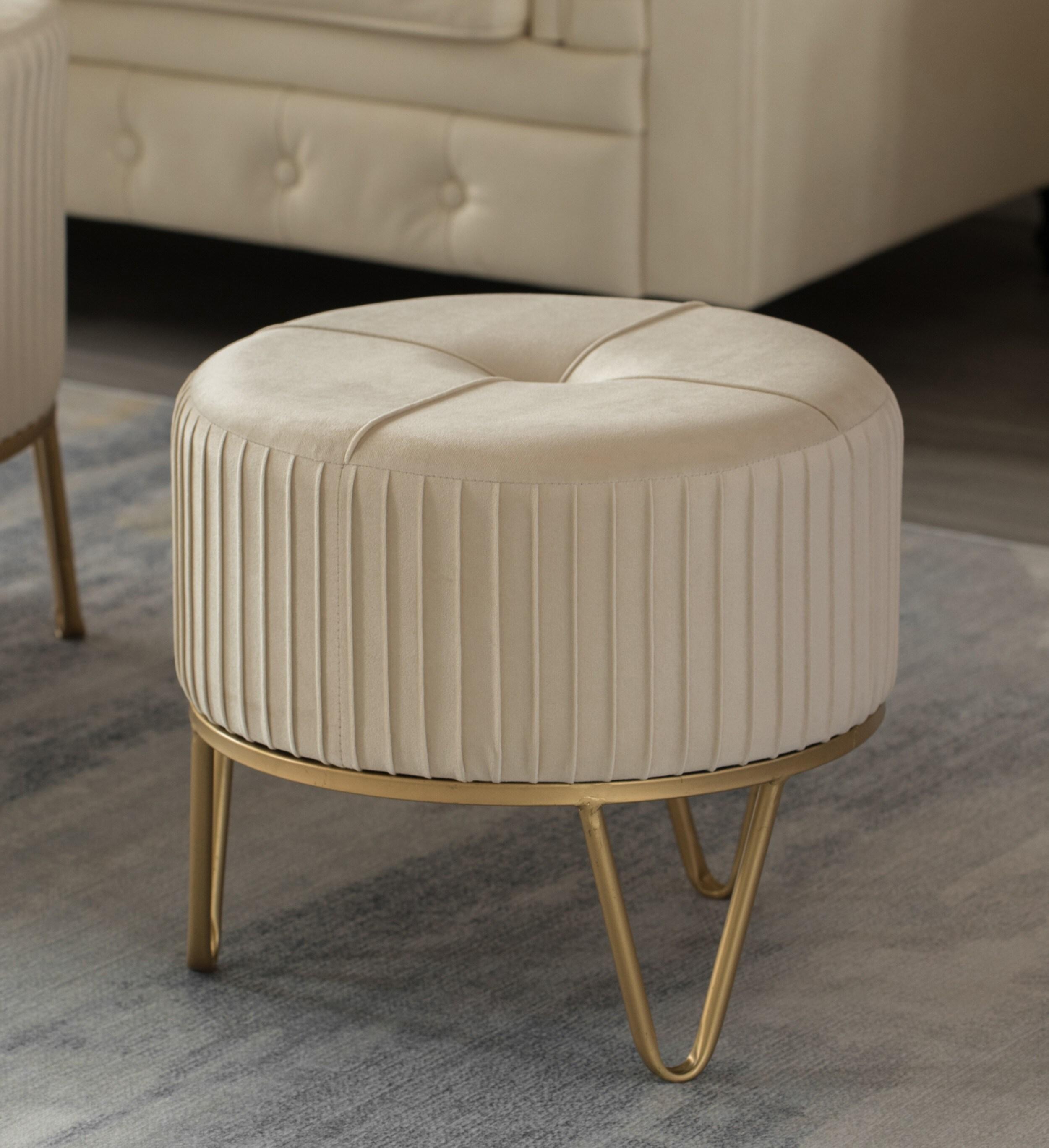 Fabulaxe Round Velvet Ottoman Stool Raised with Hairpin Gold Base, Cream, Small